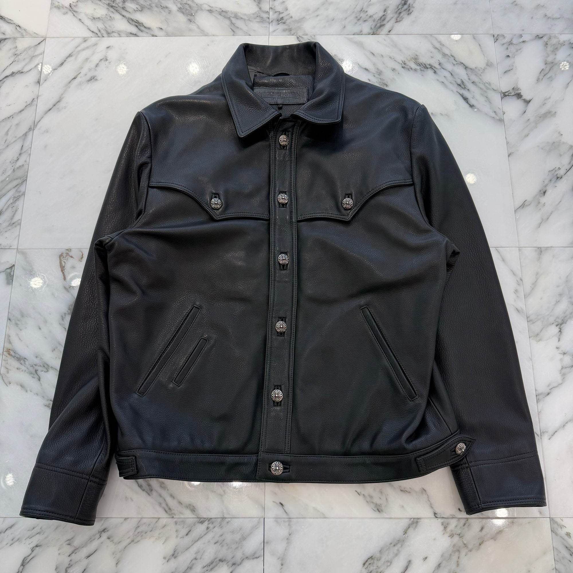 CHROME HEARTS Floral Cross Leather Patch Flare Knee Sleeve Leather Jacket Size L クロムハーツ フローラルクロス レザーパッチ フレアニー スリーブ レザージャケット サイズL