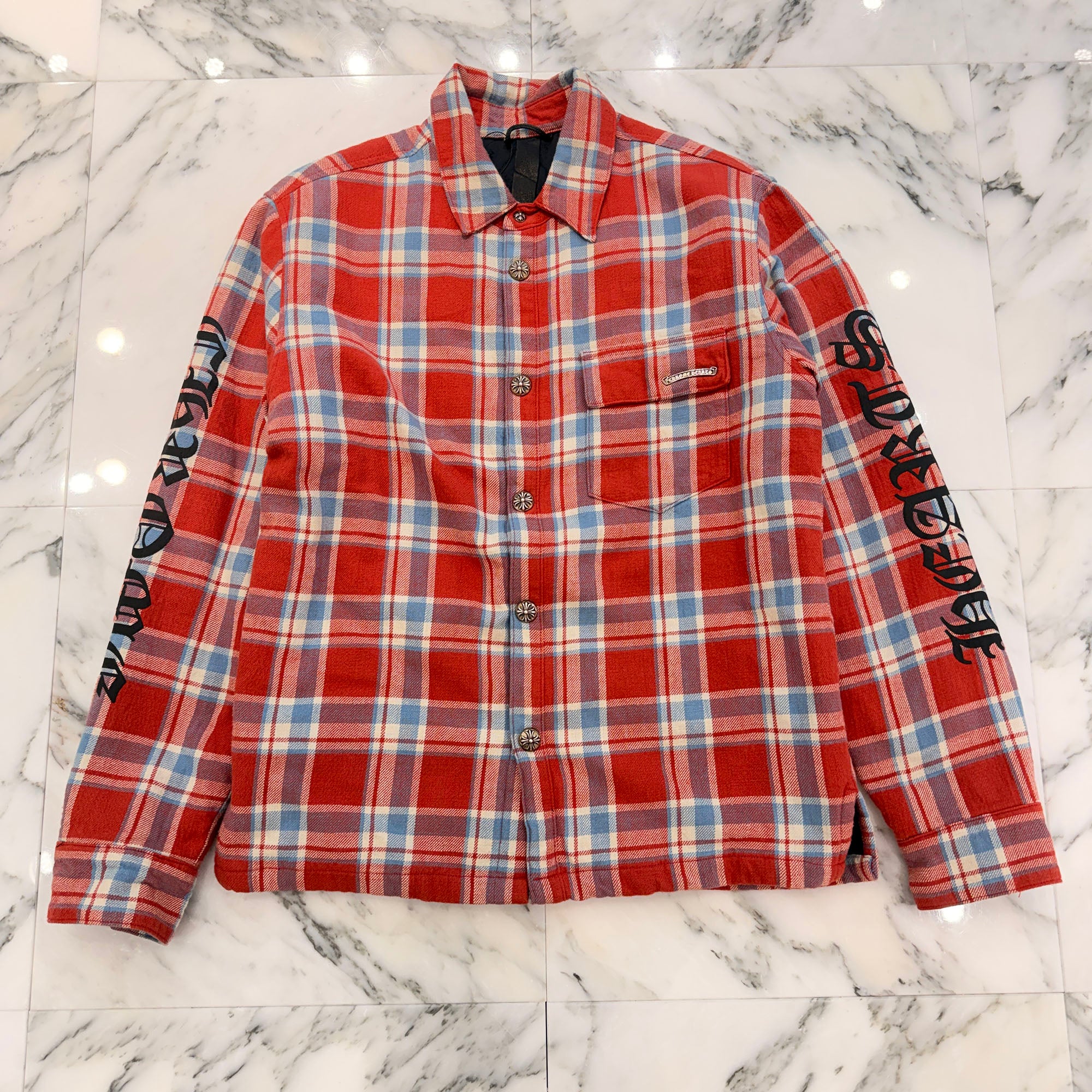 CHROME HEARTS Y NOT WORK DOG Cross Ball Button Check Shirt Jacket Size S クロムハーツ ワイノット ワークドッグ クロスボールボタン チェック シャツ ジャケット サイズS