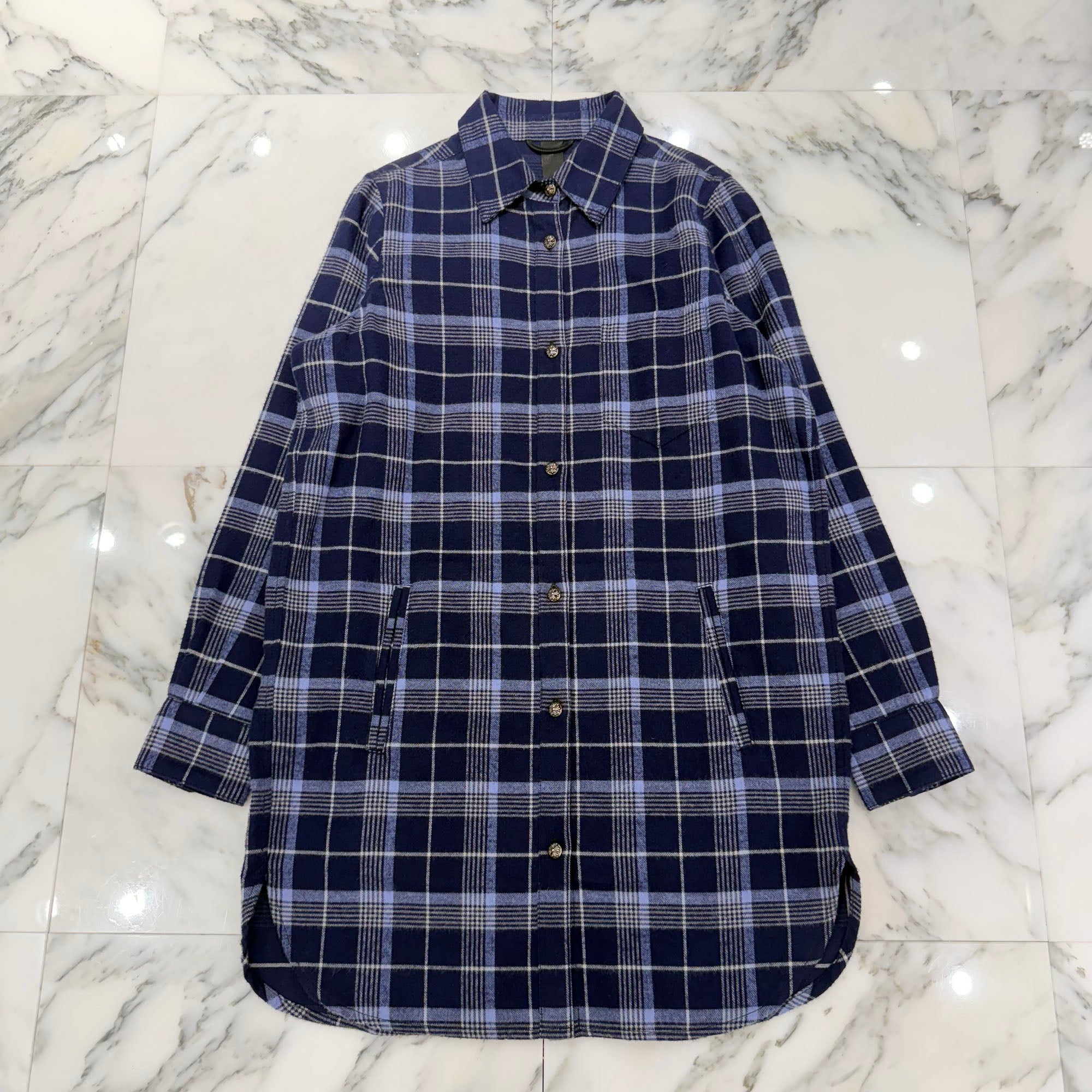 CHROME HEARTS Loose Ends Cross Patch Back Flare Knee Flannel Check Shirt Size S  クロムハーツ ルーズエンド クロスパッチ バックフレア ニー フランネル チェックシャツ サイズS