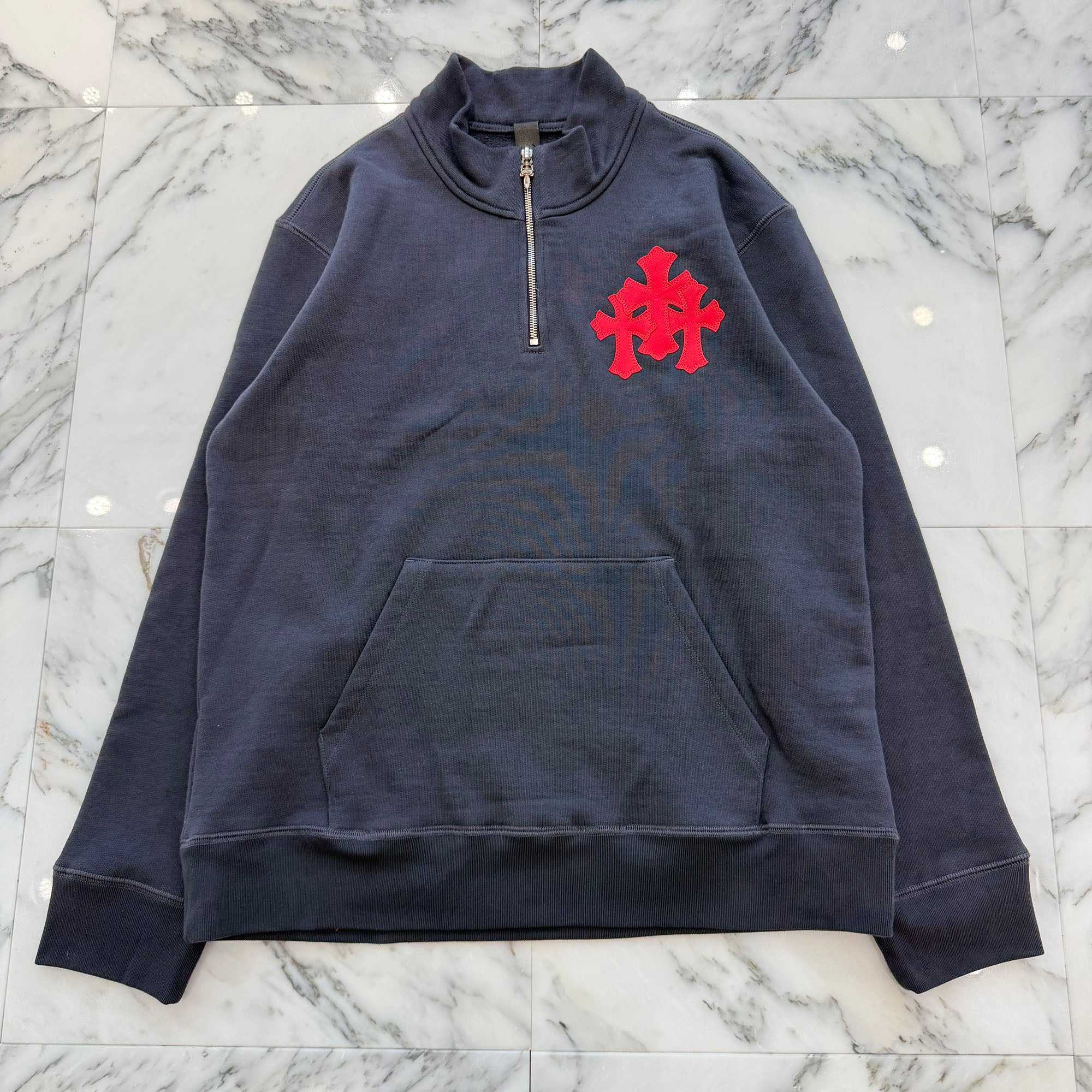 CHROME HEARTS Y NOT Triple Cross Leather Patch Half Zip Sweat Shirt Size M クロムハーツ ワイノット トリプルクロス レザーパッチ ハーフジップ スウェットシャツ サイズM