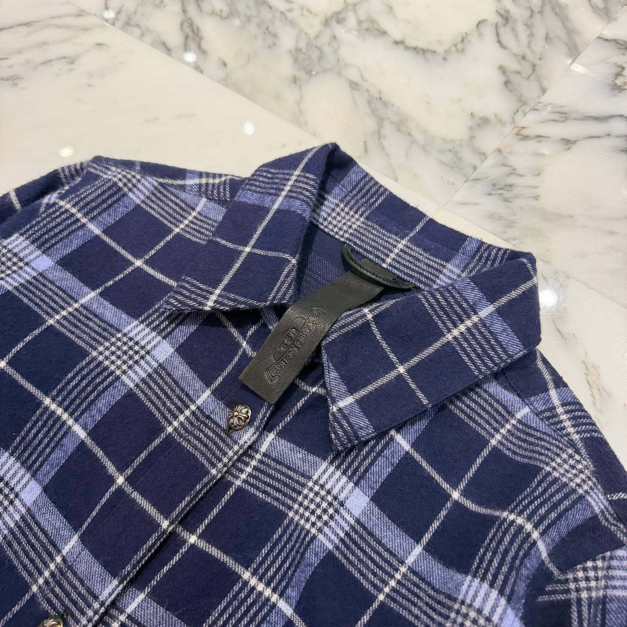 CHROME HEARTS Loose Ends Cross Patch Back Flare Knee Flannel Check Shirt Size S  クロムハーツ ルーズエンド クロスパッチ バックフレア ニー フランネル チェックシャツ サイズS