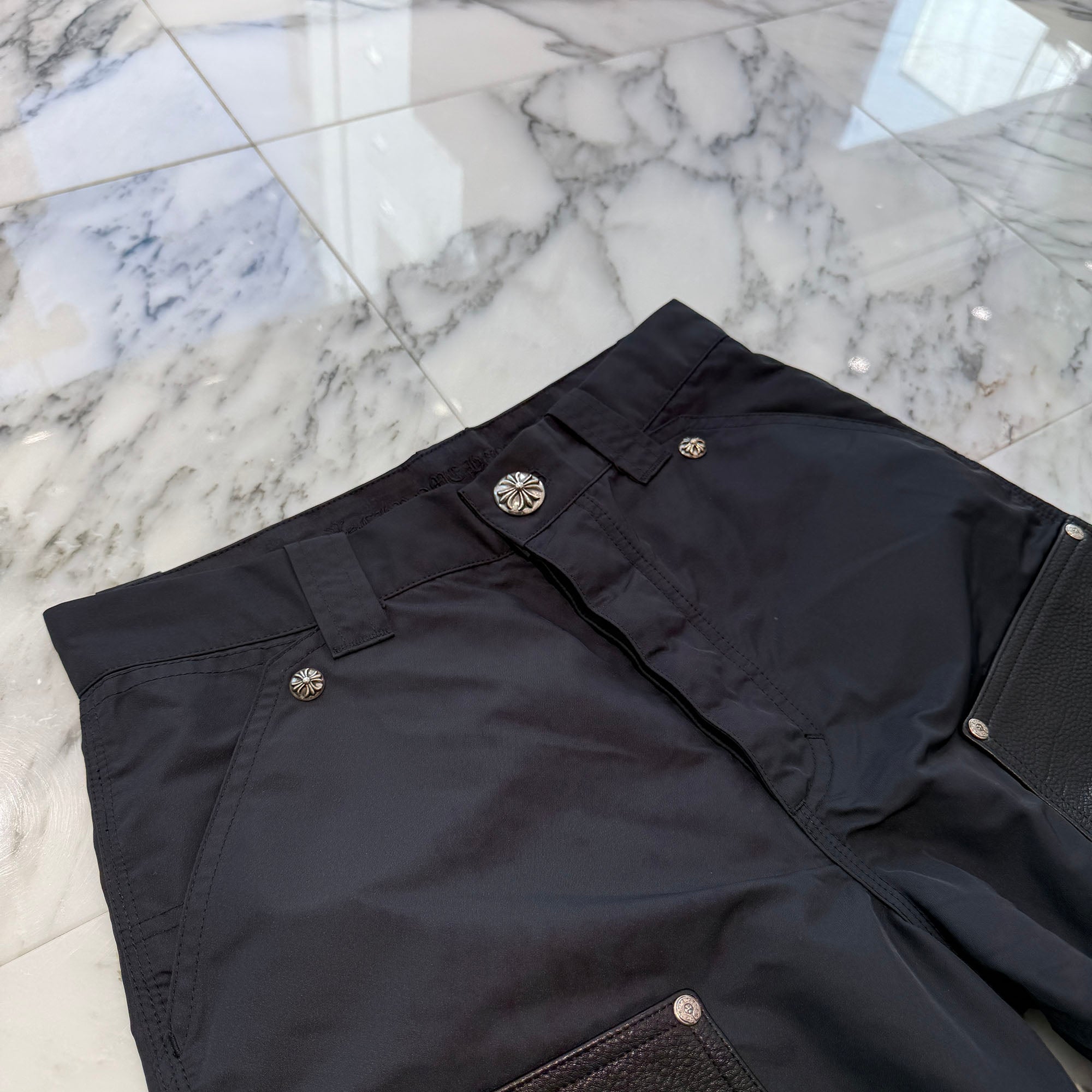 CHROME HEARTS Carpenter Leather Double Knee Nylon Leather Cross Patch Pants Size 27 クロムハーツ カーペンター レザーダブルニー ナイロン レザークロスパッチ ロングパンツ サイズ27