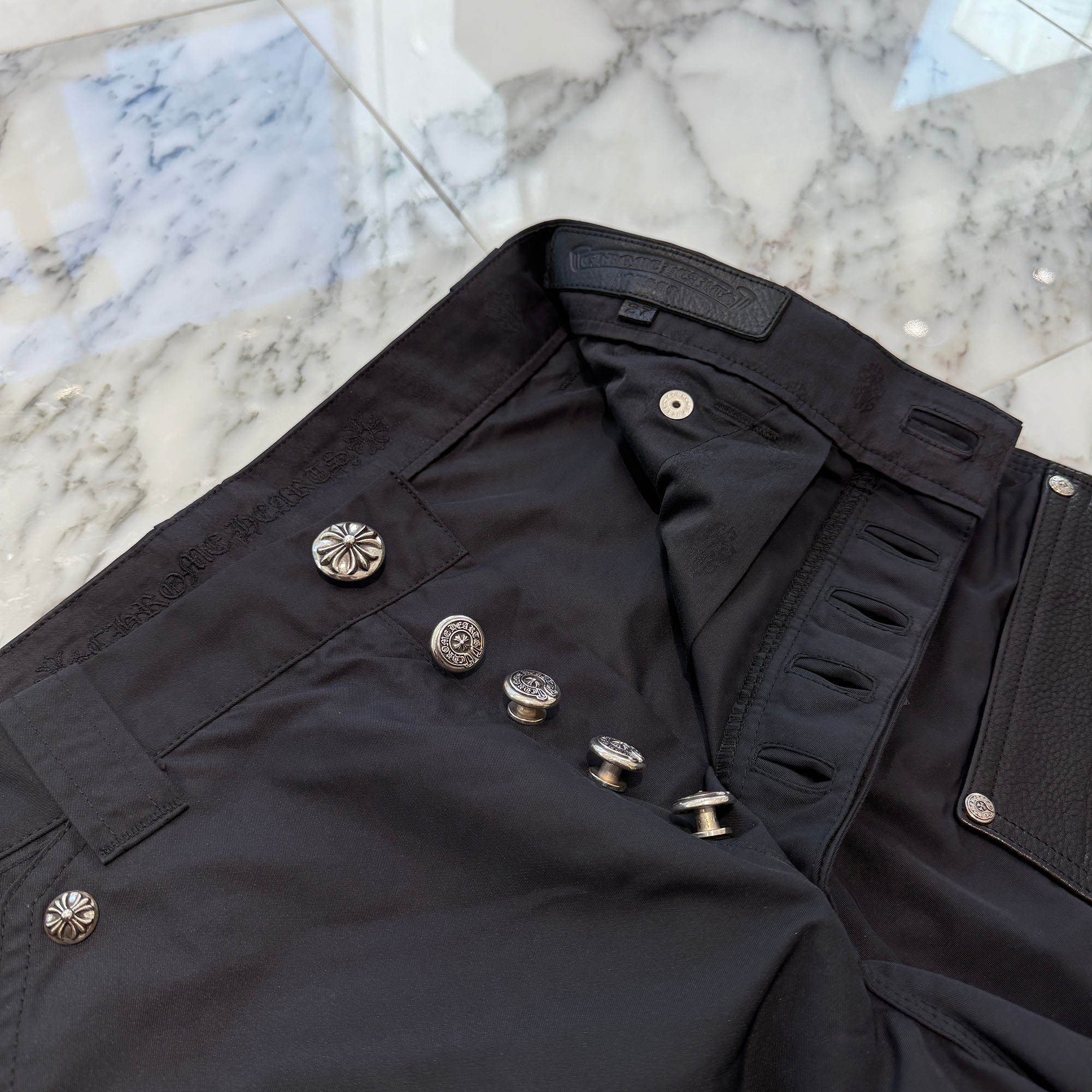 CHROME HEARTS Carpenter Leather Double Knee Nylon Leather Cross Patch Pants Size 27 クロムハーツ カーペンター レザーダブルニー ナイロン レザークロスパッチ ロングパンツ サイズ27