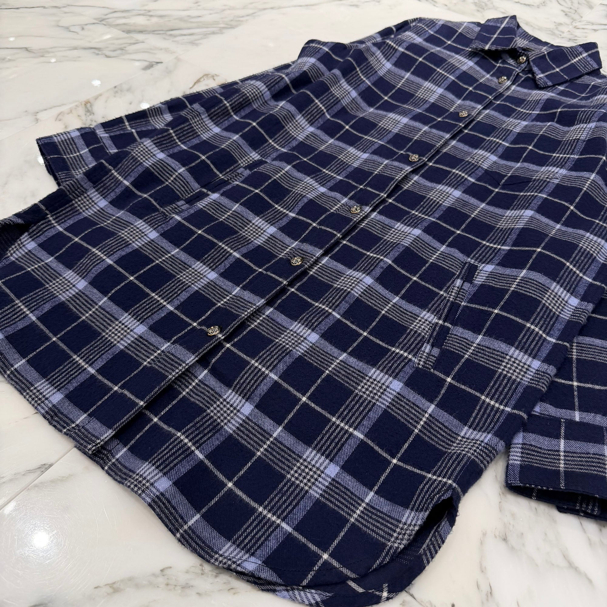 CHROME HEARTS Loose Ends Cross Patch Back Flare Knee Flannel Check Shirt Size S  クロムハーツ ルーズエンド クロスパッチ バックフレア ニー フランネル チェックシャツ サイズS