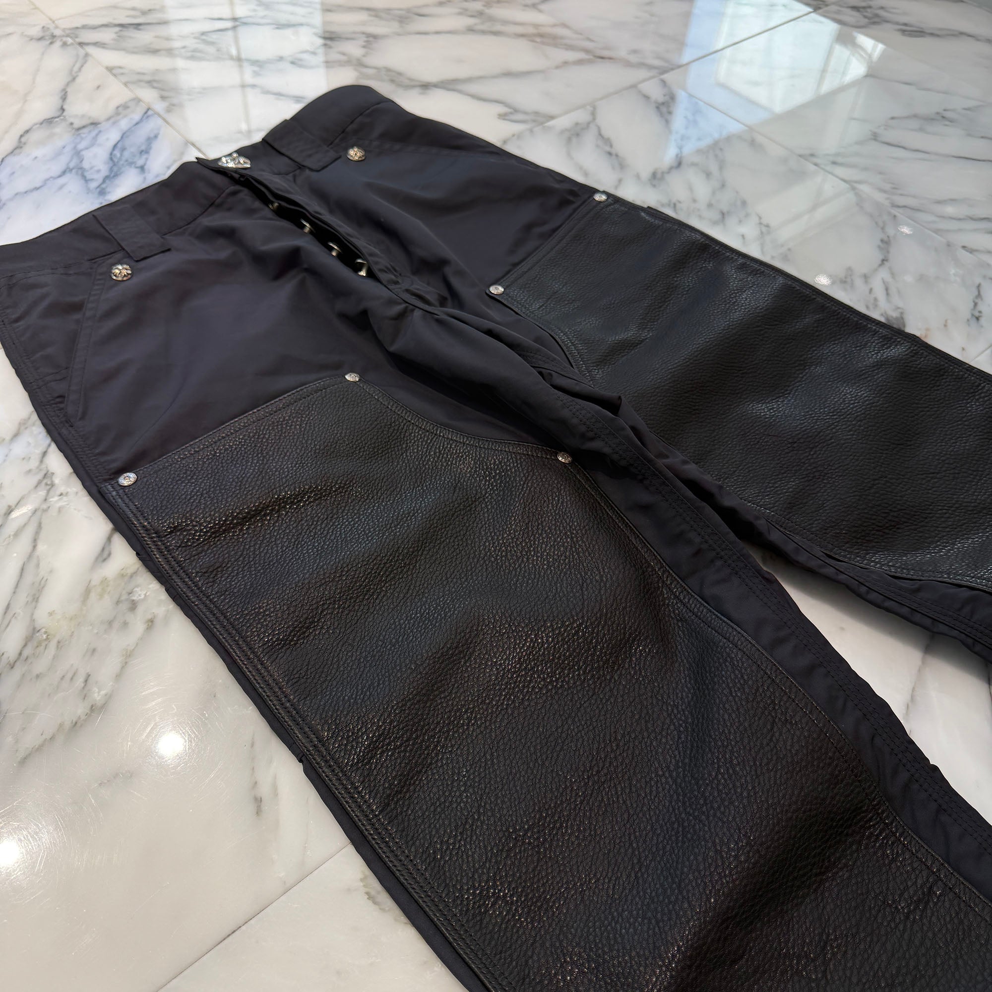CHROME HEARTS Carpenter Leather Double Knee Nylon Leather Cross Patch Pants Size 27 クロムハーツ カーペンター レザーダブルニー ナイロン レザークロスパッチ ロングパンツ サイズ27