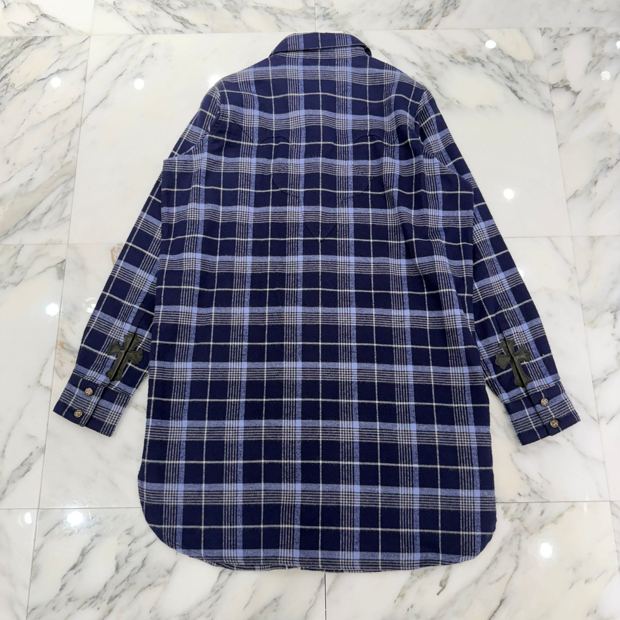 CHROME HEARTS Loose Ends Cross Patch Back Flare Knee Flannel Check Shirt Size S  クロムハーツ ルーズエンド クロスパッチ バックフレア ニー フランネル チェックシャツ サイズS