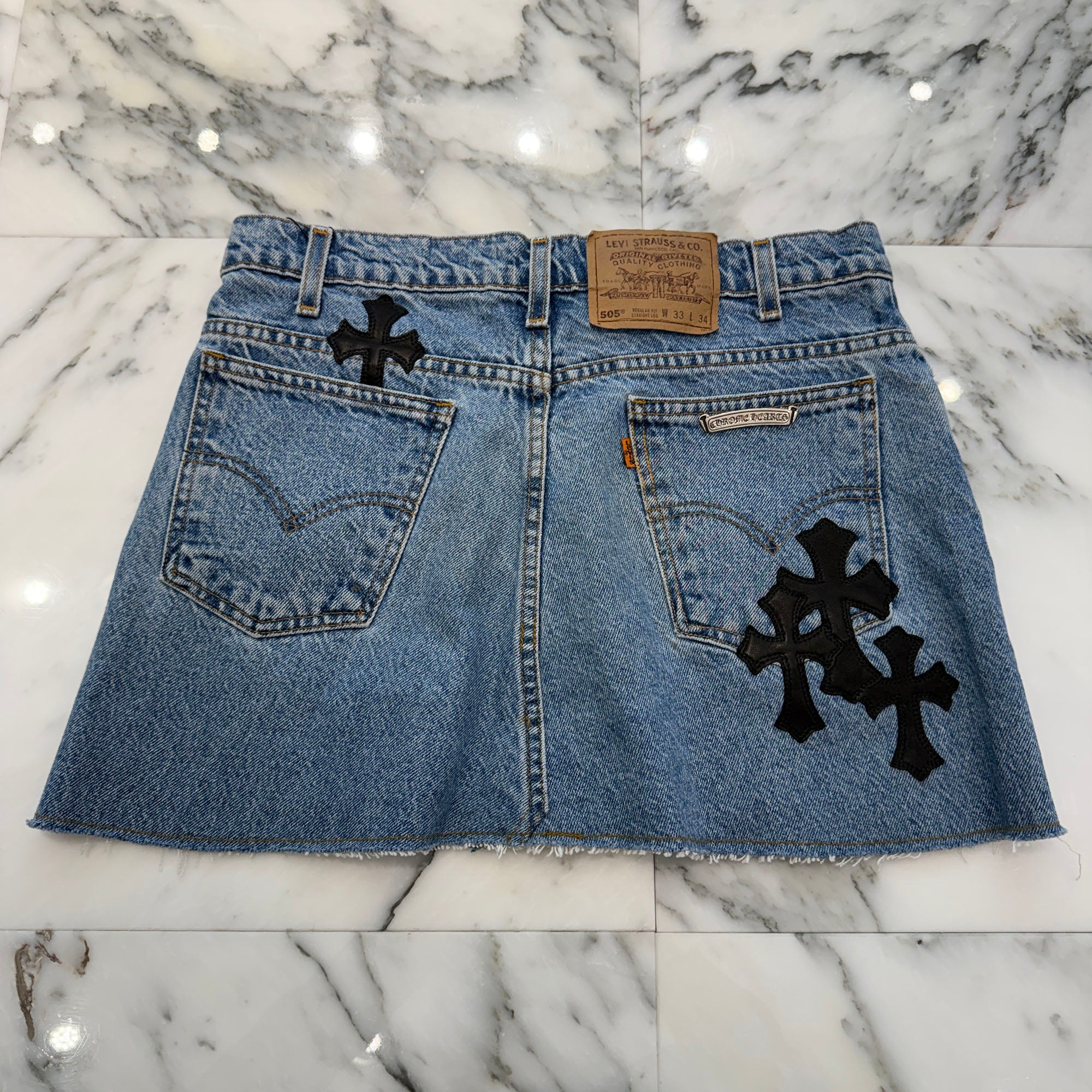 CHROME HEARTS × Levi's 505 VNTG Cross Leather Patch Denim Skirt Size 26 クロムハーツ × リーバイス 505 ヴィンテージ クロスレザーパッチ デニムスカート サイズ26