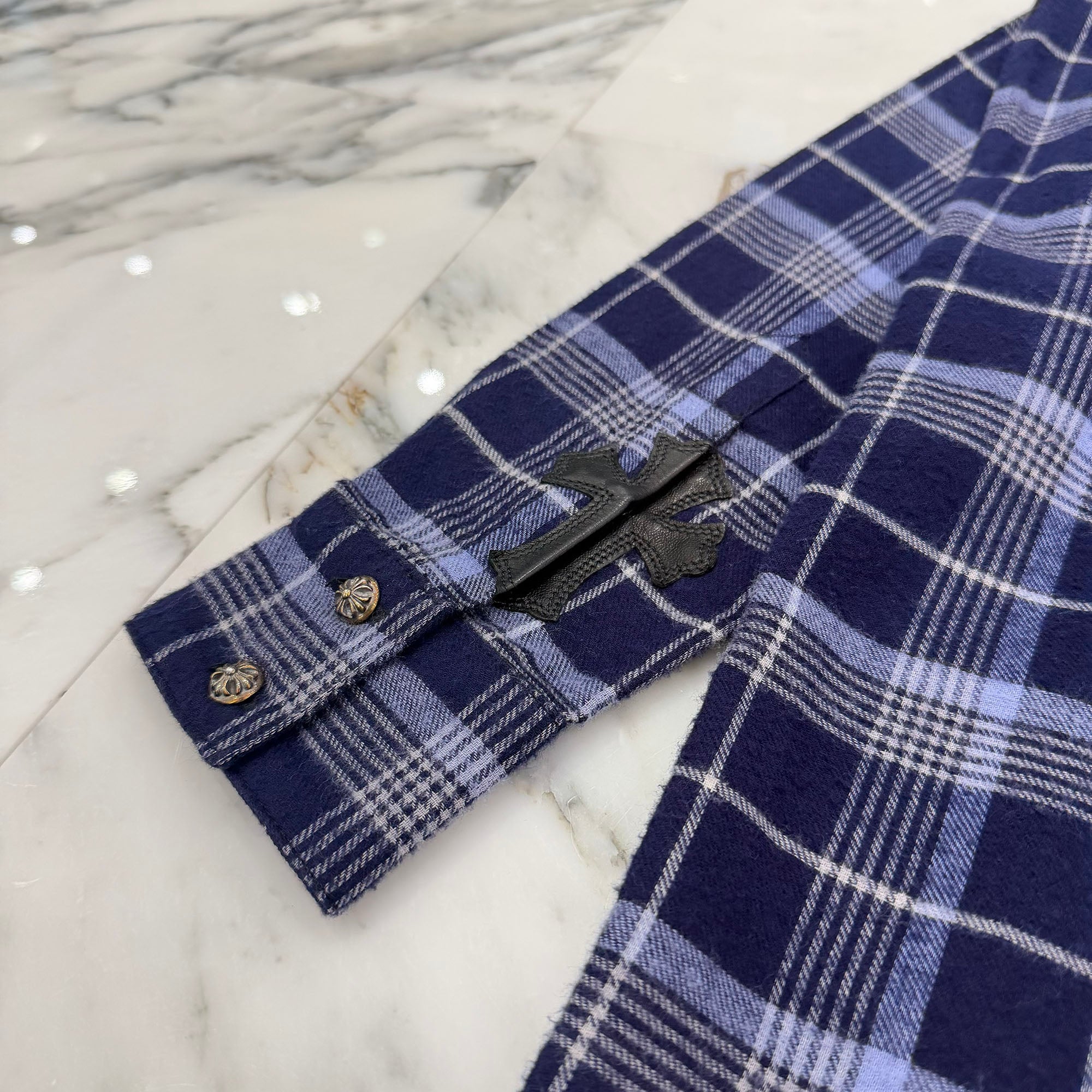 CHROME HEARTS Loose Ends Cross Patch Back Flare Knee Flannel Check Shirt Size S  クロムハーツ ルーズエンド クロスパッチ バックフレア ニー フランネル チェックシャツ サイズS