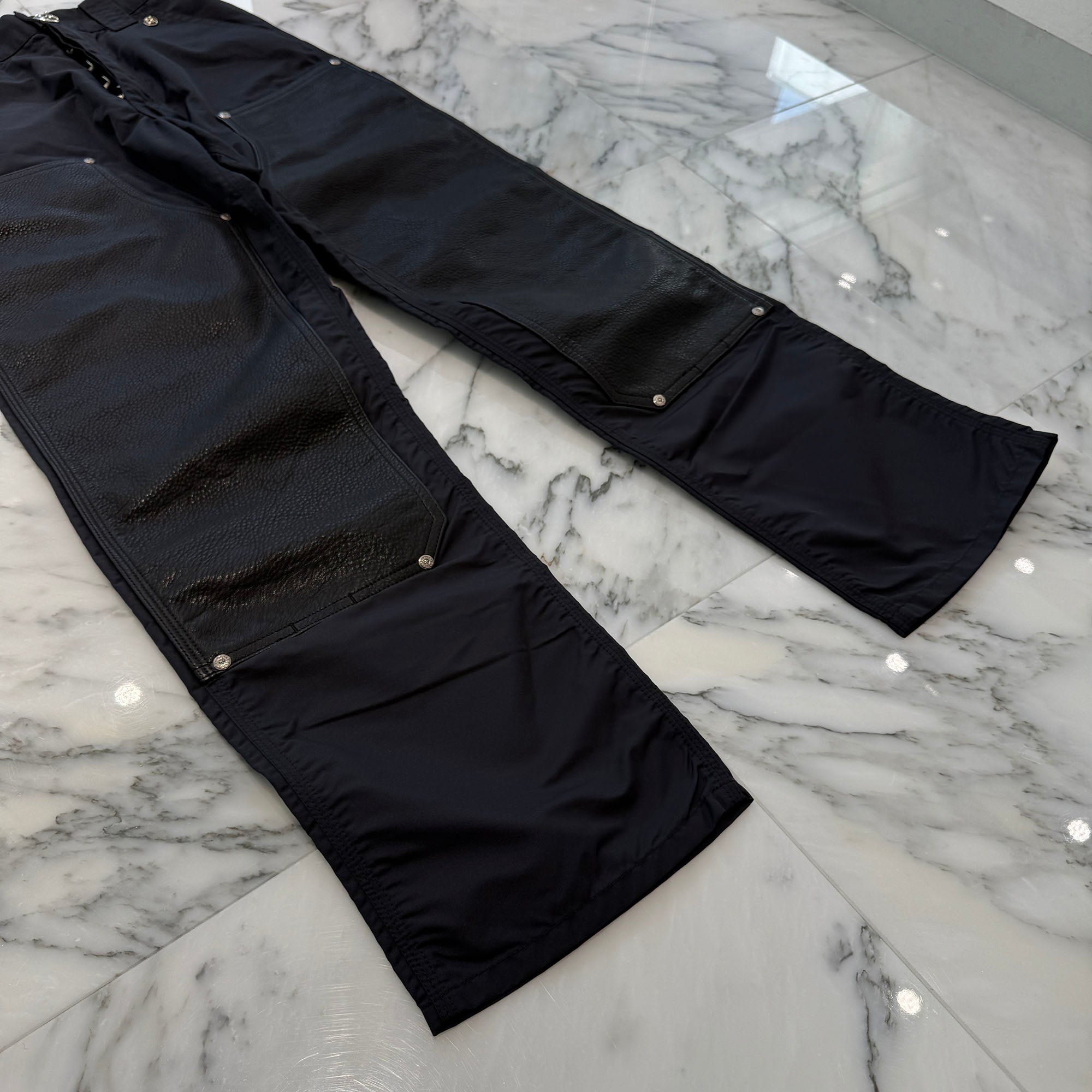 CHROME HEARTS Carpenter Leather Double Knee Nylon Leather Cross Patch Pants Size 27 クロムハーツ カーペンター レザーダブルニー ナイロン レザークロスパッチ ロングパンツ サイズ27