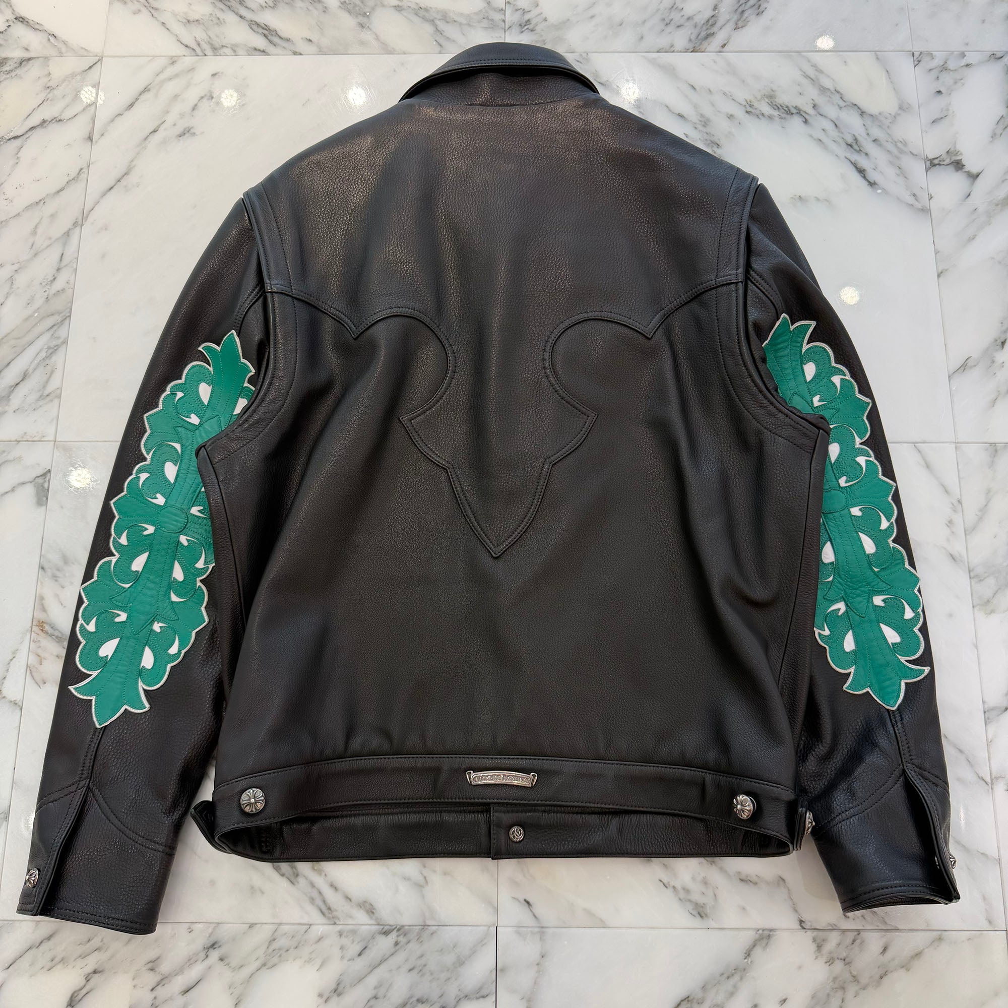 CHROME HEARTS Floral Cross Leather Patch Flare Knee Sleeve Leather Jacket Size L クロムハーツ フローラルクロス レザーパッチ フレアニー スリーブ レザージャケット サイズL