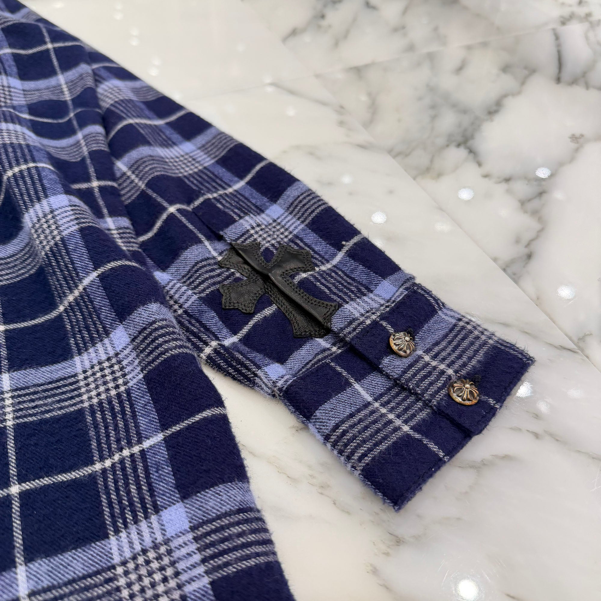 CHROME HEARTS Loose Ends Cross Patch Back Flare Knee Flannel Check Shirt Size S  クロムハーツ ルーズエンド クロスパッチ バックフレア ニー フランネル チェックシャツ サイズS