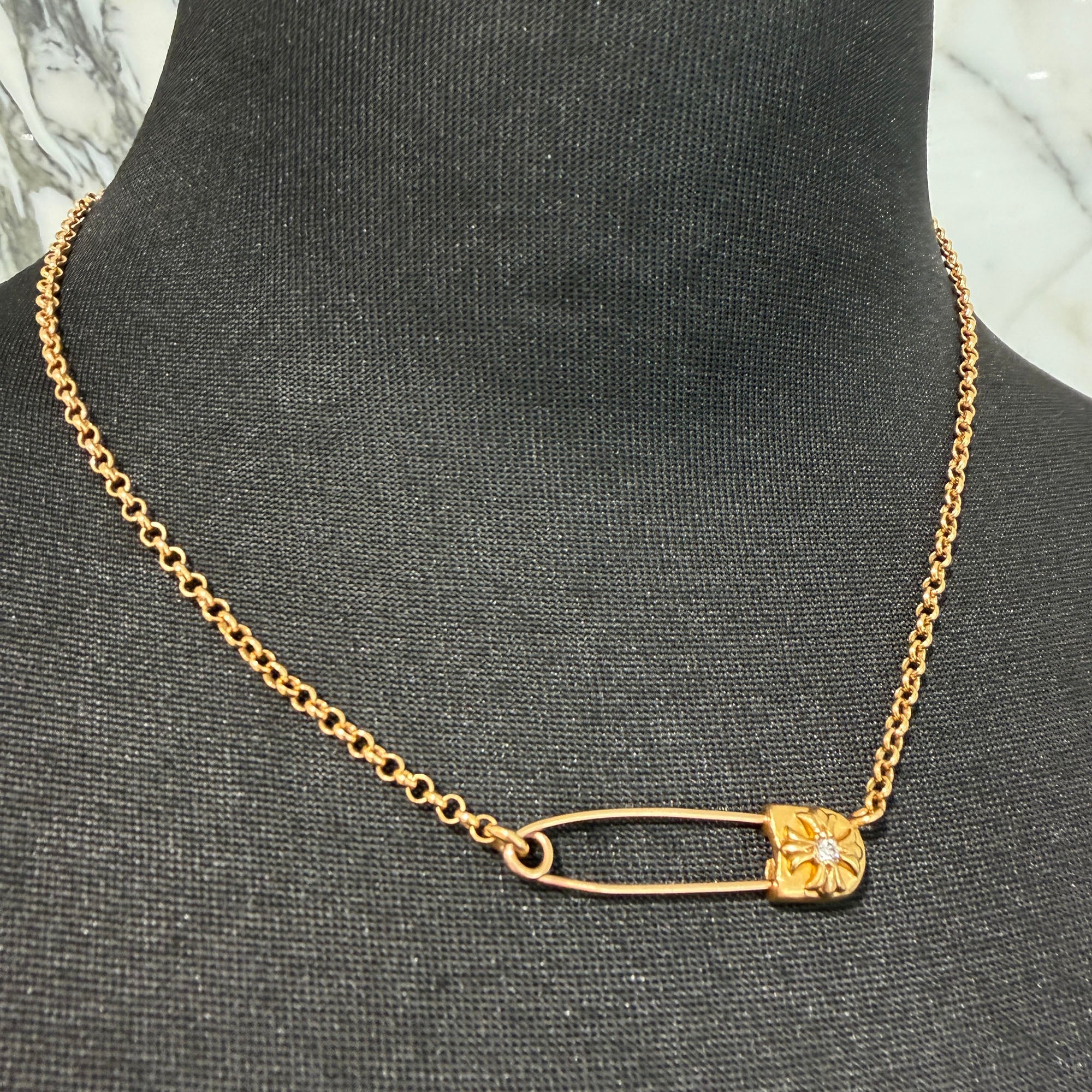 CHROME HEARTS 22K Safety Pin 1 Diamond Roll Chain Necklace Size 18 Inch クロムハーツ 22K セーフティピン 1ダイヤモンド ロールチェーン ネックレス 18インチ