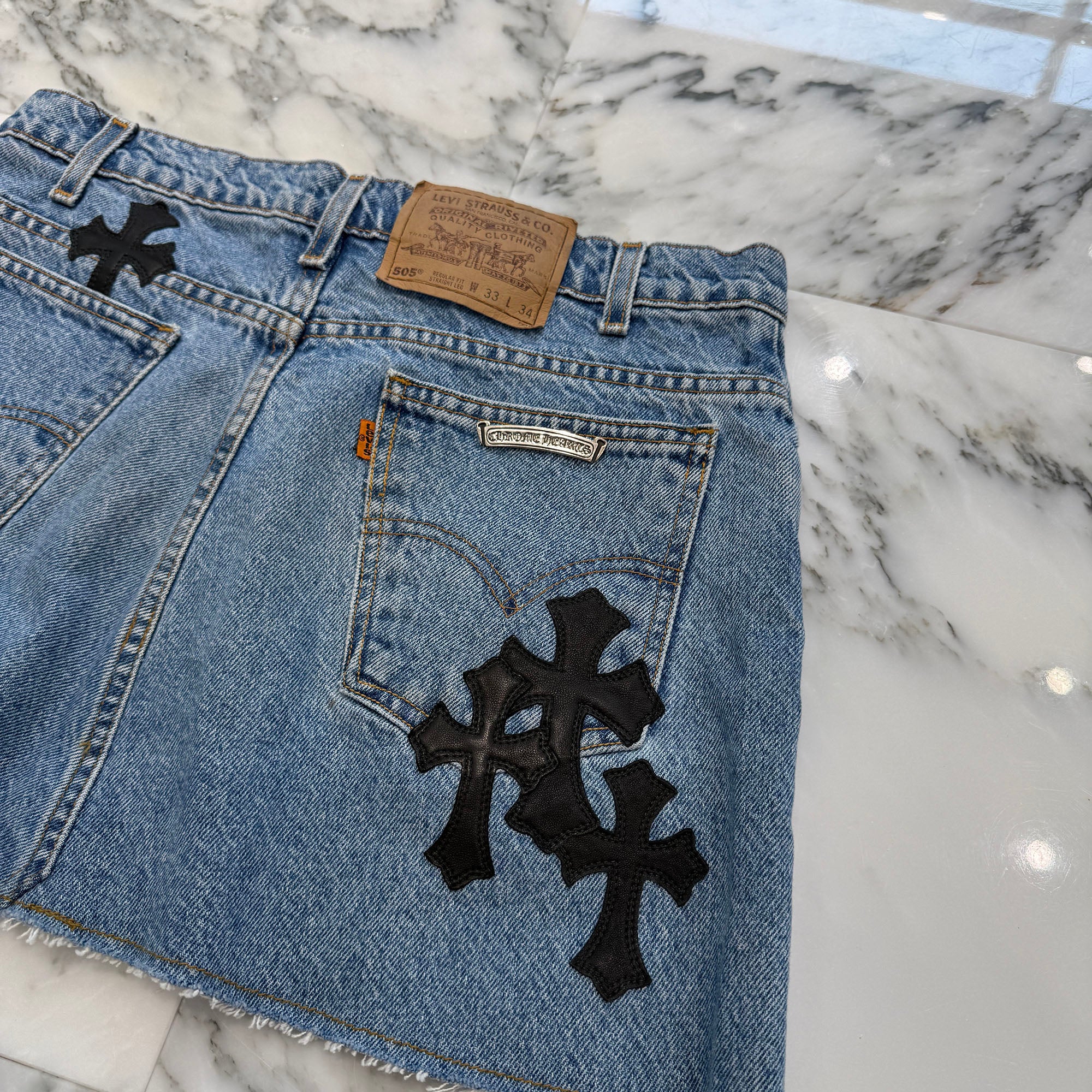 CHROME HEARTS × Levi's 505 VNTG Cross Leather Patch Denim Skirt Size 26 クロムハーツ × リーバイス 505 ヴィンテージ クロスレザーパッチ デニムスカート サイズ26