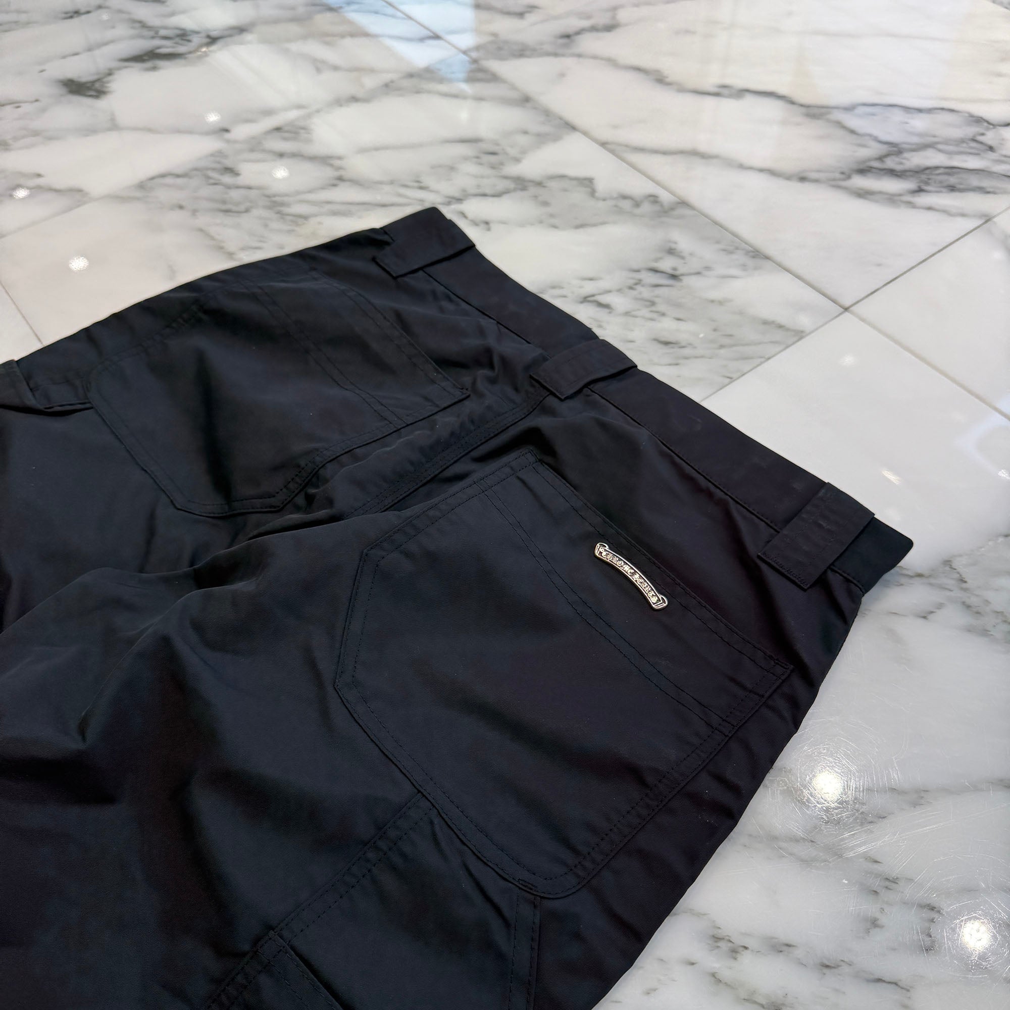 CHROME HEARTS Carpenter Leather Double Knee Nylon Leather Cross Patch Pants Size 27 クロムハーツ カーペンター レザーダブルニー ナイロン レザークロスパッチ ロングパンツ サイズ27