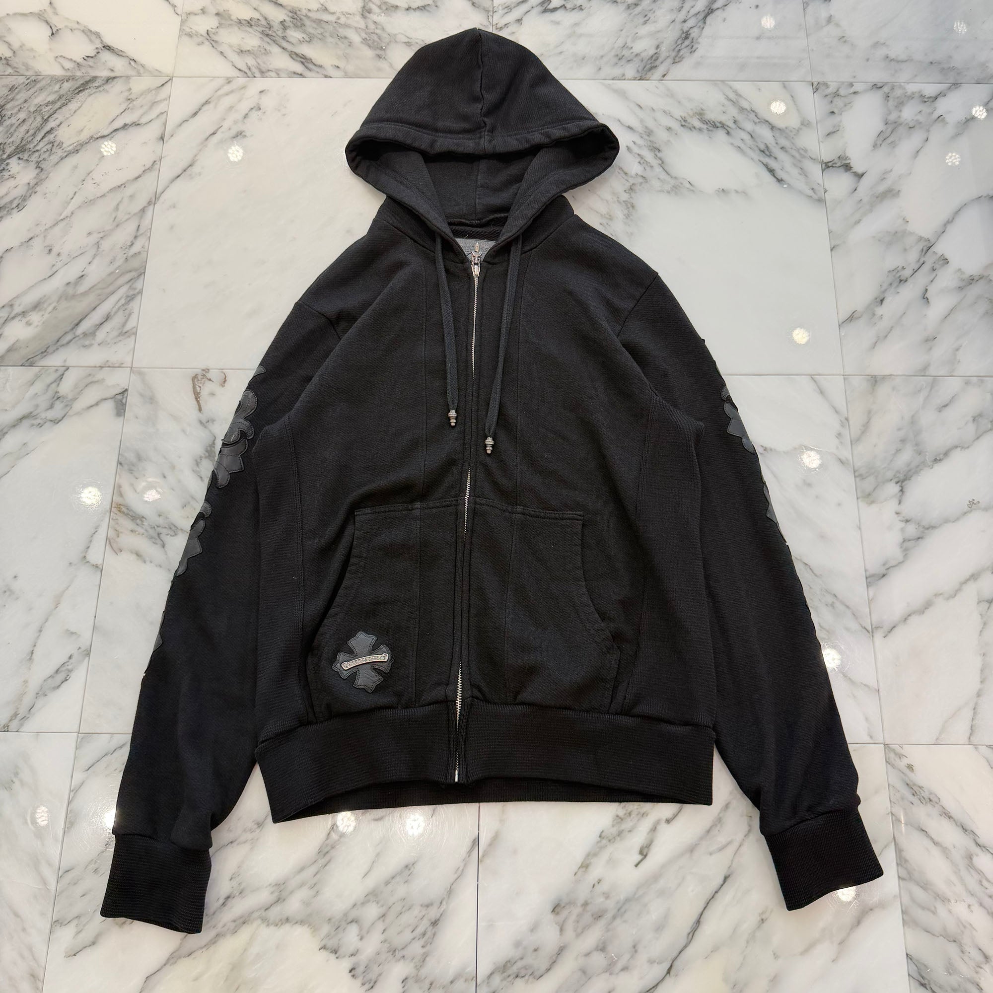 CHROME HEARTS Y NOT Floral Cross Leather Patch Zip Up Hoodie Size M クロムハーツ ワイノット フローラルクロス レザーパッチ ジップアップ フーディー サイズM