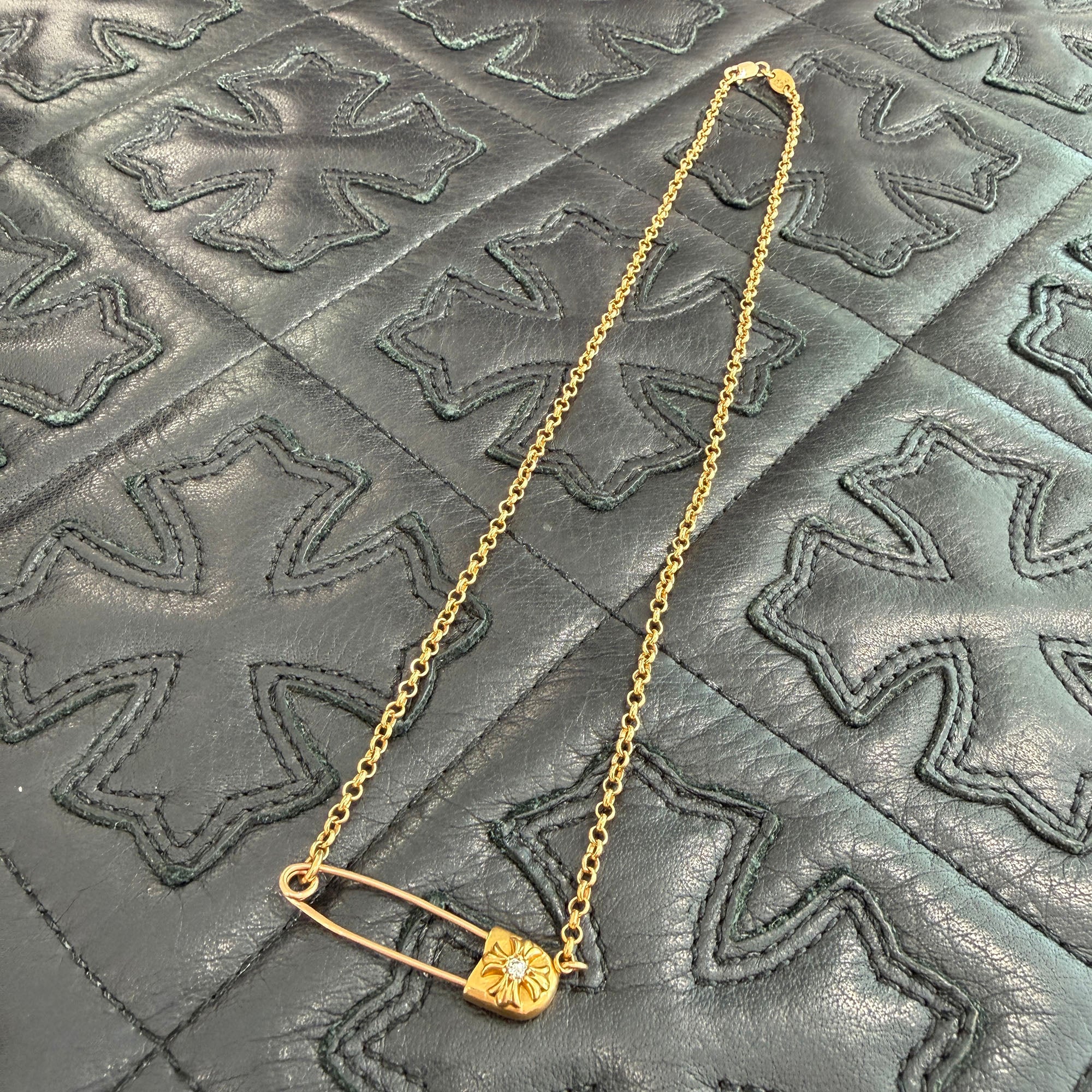 CHROME HEARTS 22K Safety Pin 1 Diamond Roll Chain Necklace Size 18 Inch クロムハーツ 22K セーフティピン 1ダイヤモンド ロールチェーン ネックレス 18インチ