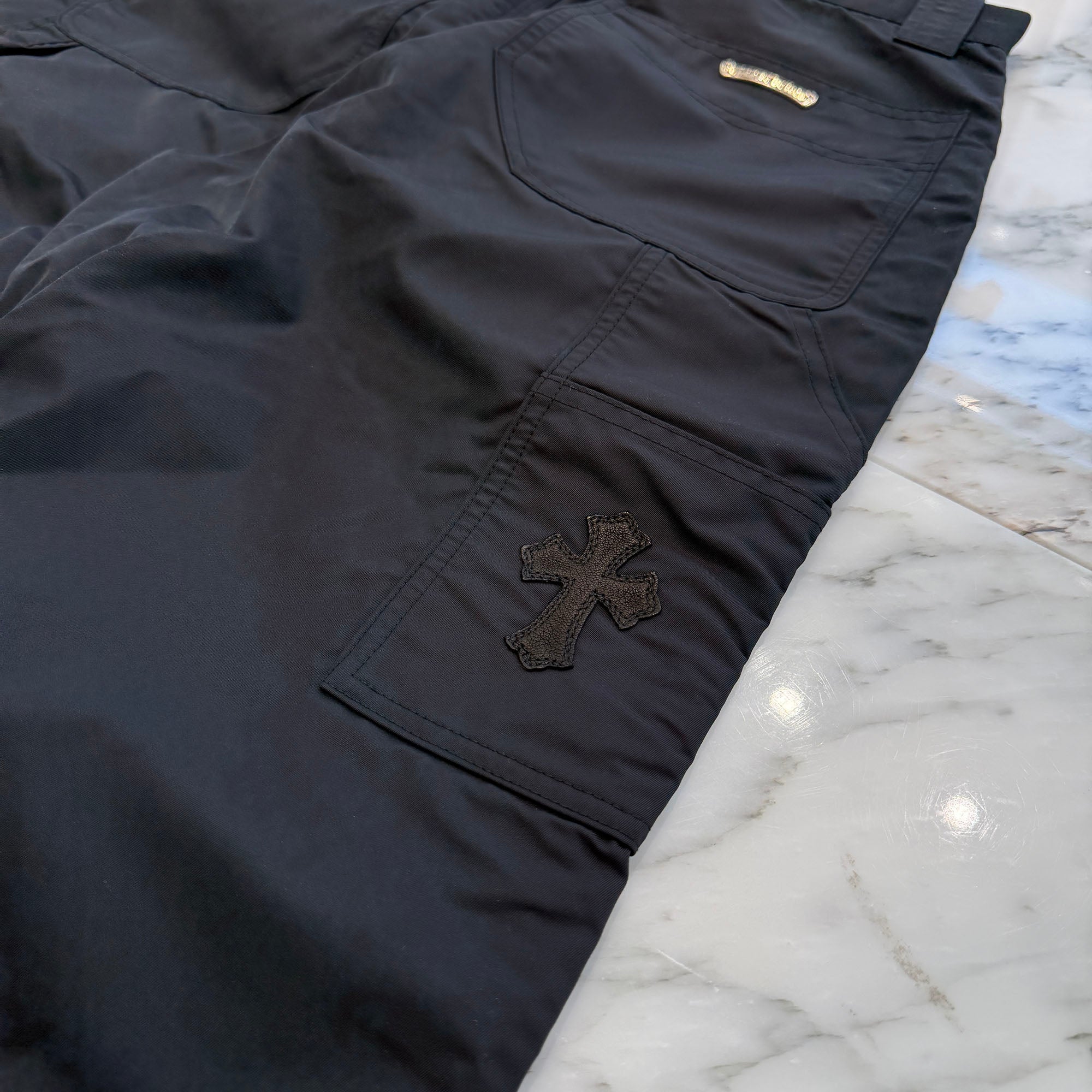 CHROME HEARTS Carpenter Leather Double Knee Nylon Leather Cross Patch Pants Size 27 クロムハーツ カーペンター レザーダブルニー ナイロン レザークロスパッチ ロングパンツ サイズ27