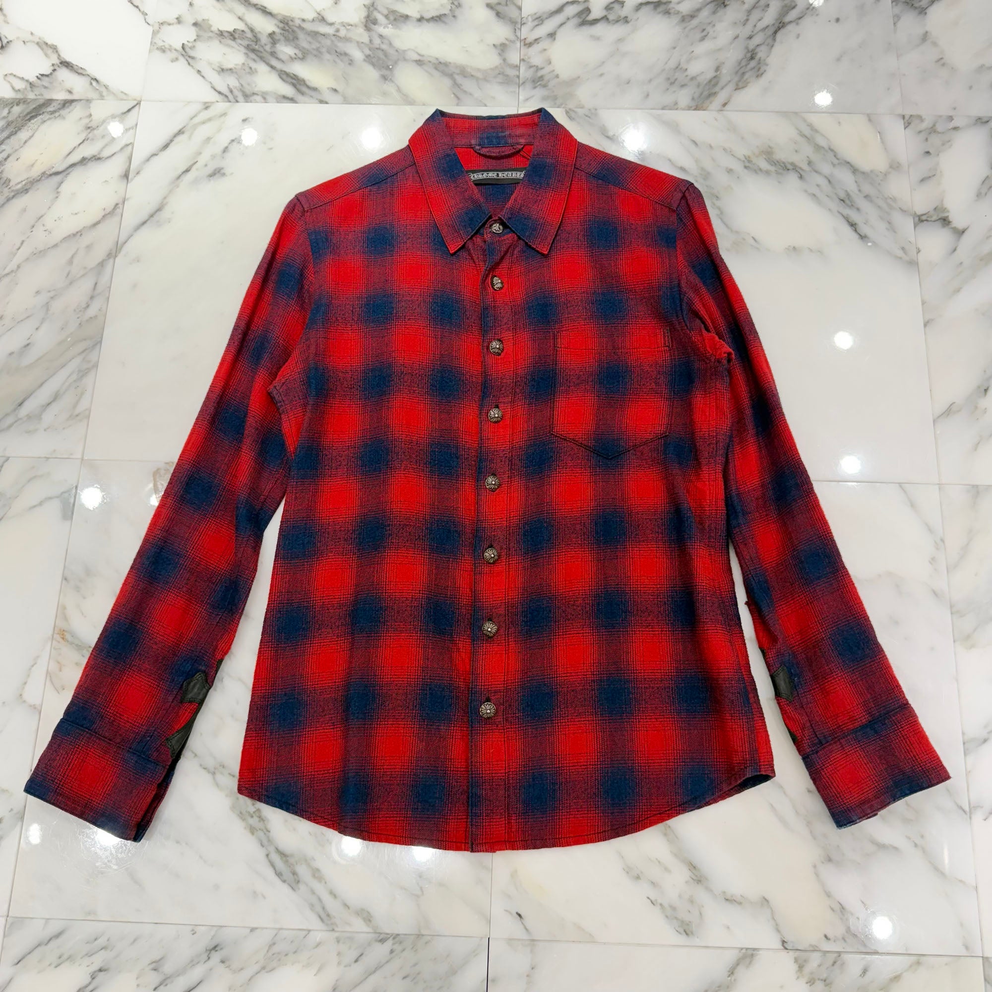 CHROME HEARTS Y NOT Leather Cross Patch Flannel Check Shirt Size M クロムハーツ ワイノット レザークロスパッチ フランネルチェックシャツ サイズM