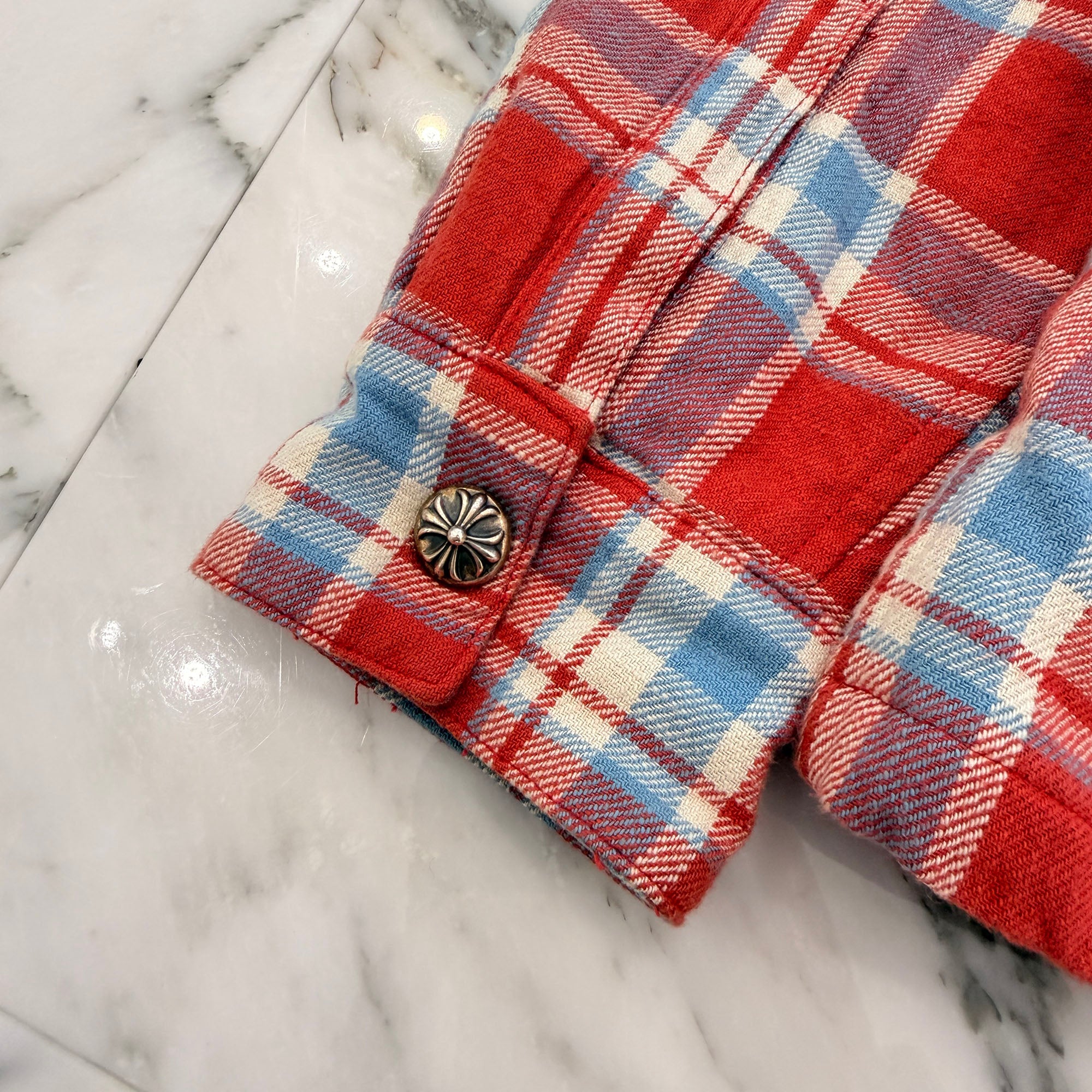 CHROME HEARTS Y NOT WORK DOG Cross Ball Button Check Shirt Jacket Size S クロムハーツ ワイノット ワークドッグ クロスボールボタン チェック シャツ ジャケット サイズS
