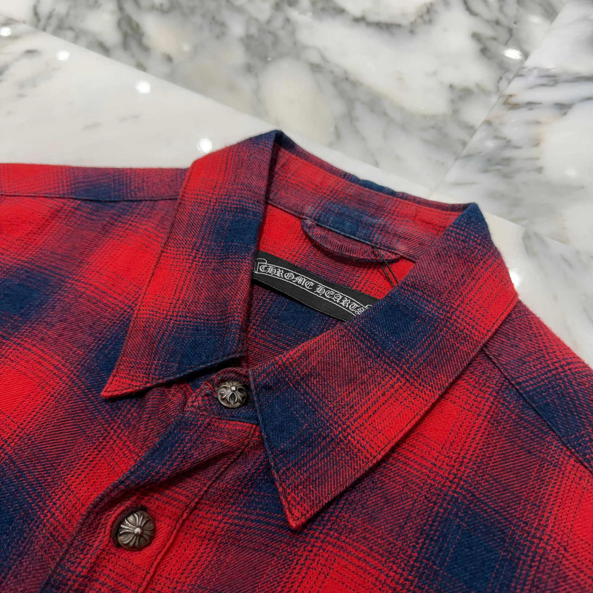 CHROME HEARTS Y NOT Leather Cross Patch Flannel Check Shirt Size M クロムハーツ ワイノット レザークロスパッチ フランネルチェックシャツ サイズM