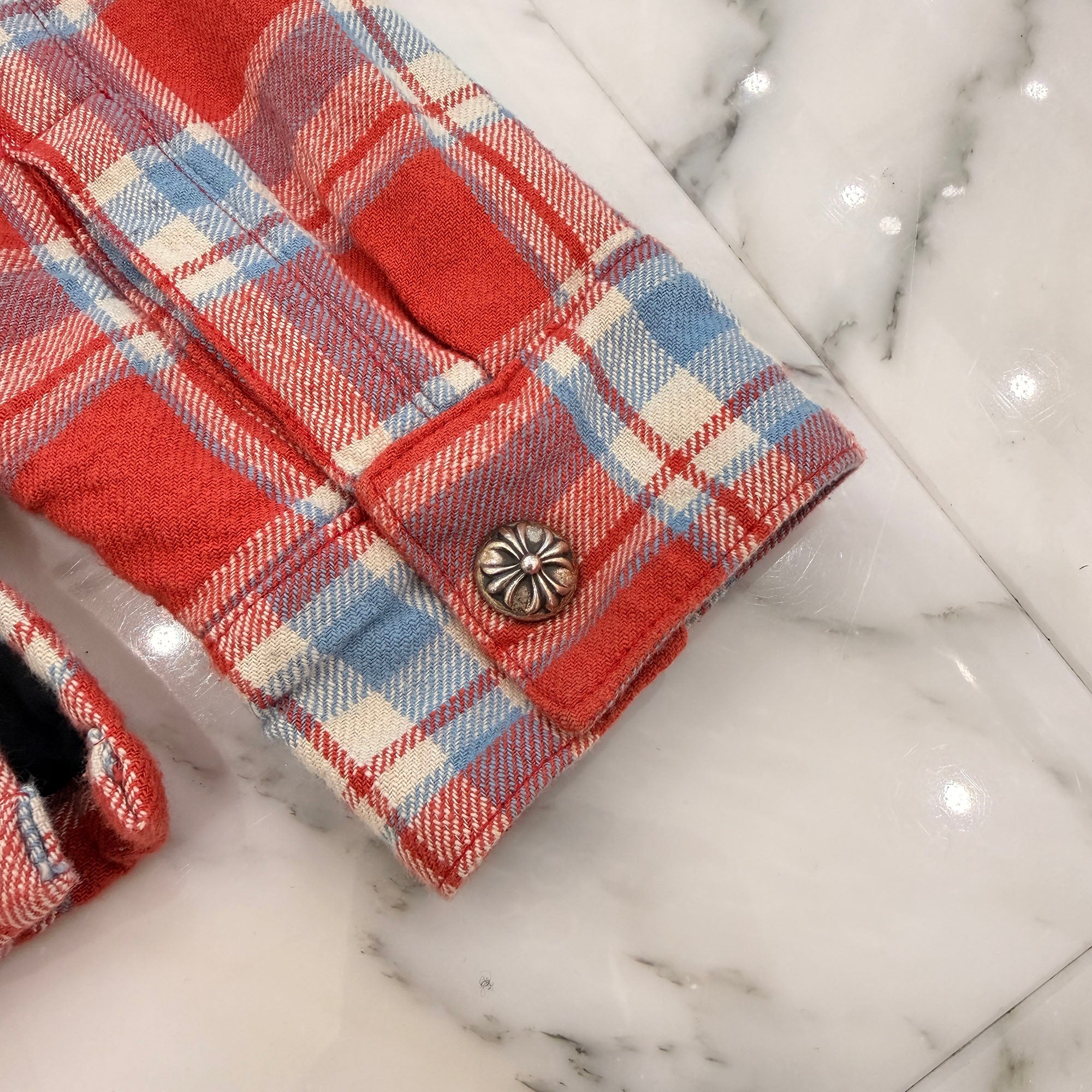 CHROME HEARTS Y NOT WORK DOG Cross Ball Button Check Shirt Jacket Size S クロムハーツ ワイノット ワークドッグ クロスボールボタン チェック シャツ ジャケット サイズS