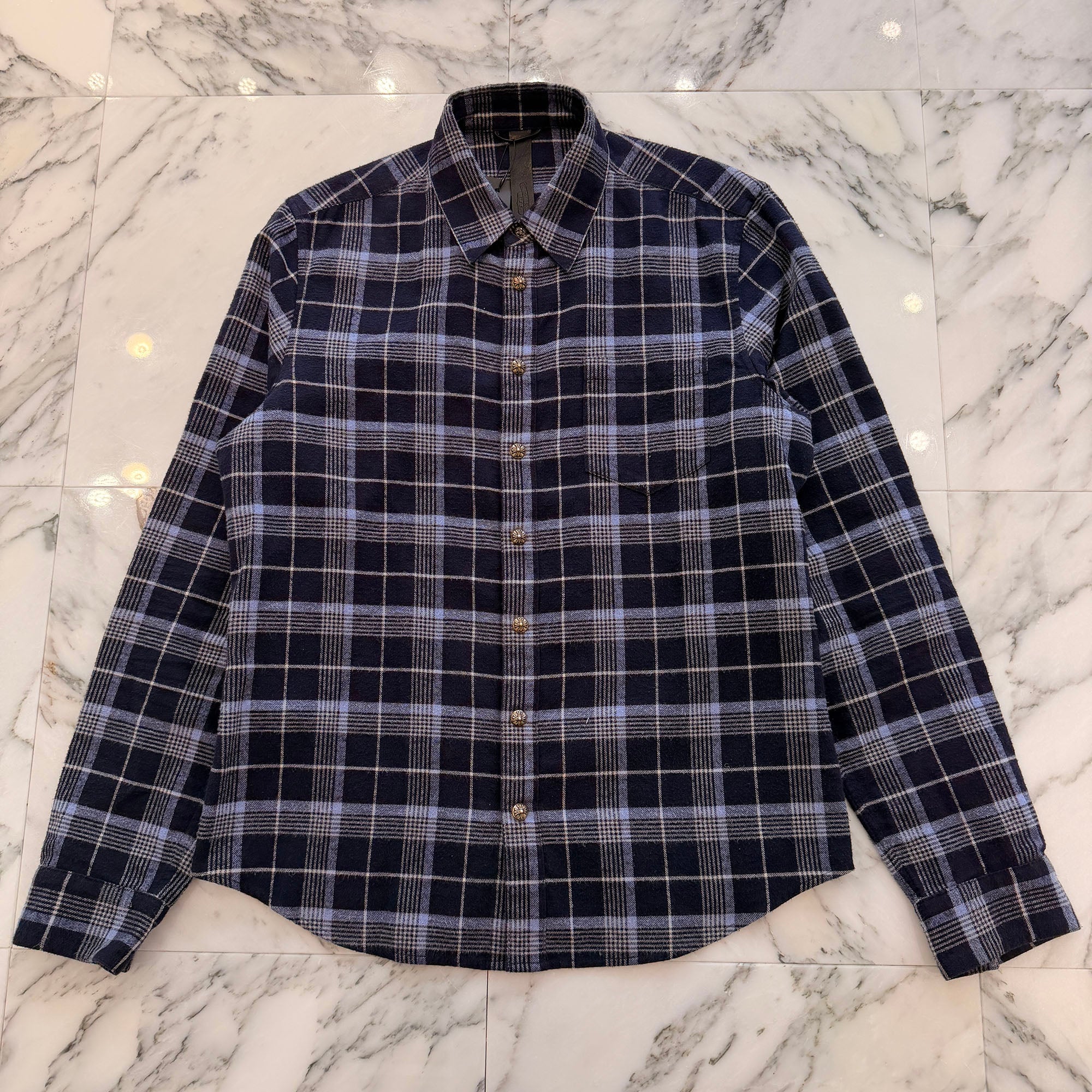 CHROME HEARTS Y NOT Floral Cross Leather Patch Loose Ends Check Shirt Size L クロムハーツ ワイノット フローラルクロスレザーパッチルーズエンド チェックシャツ サイズL