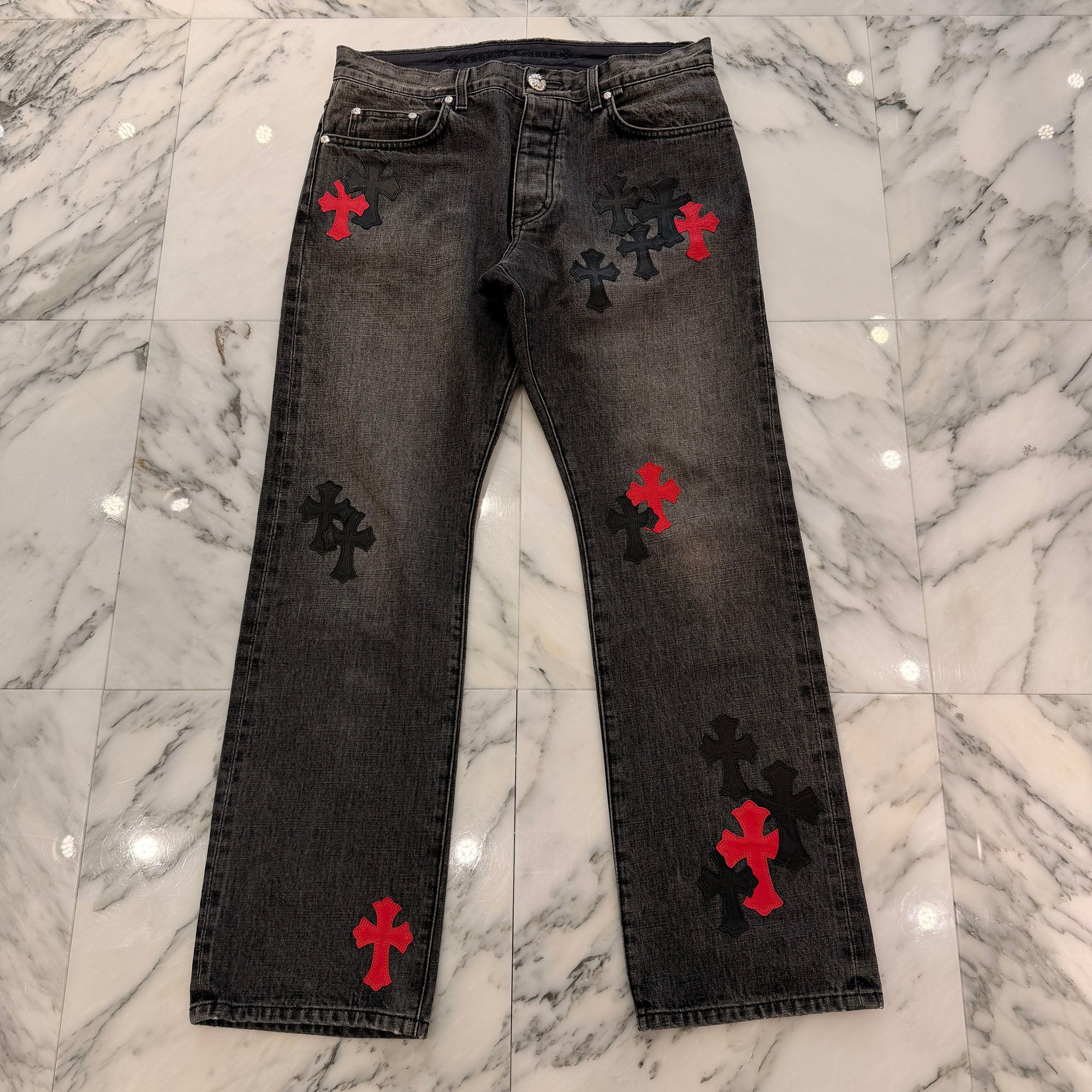 CHROME HEARTS Leather Cross Patch Cross Ball Button Denim Pants Size 34 クロムハーツ レザークロスパッチ クロスボールボタン デニムパンツ サイズ34