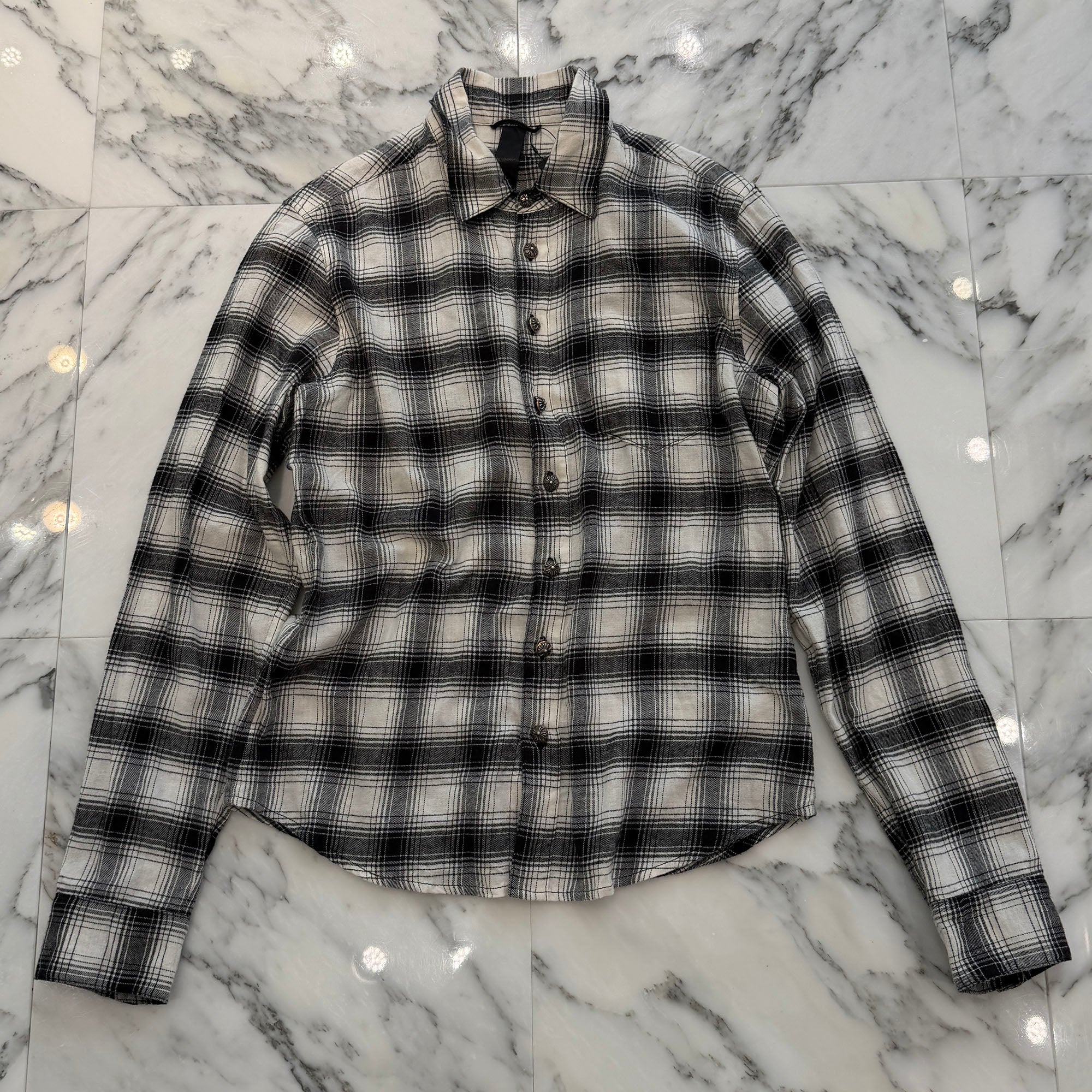 CHROME HEARTS Cross Ball Button CH Plus Leather Cross Patch Check Shirt Size M クロムハーツ クロスボールボタン CH プラス レザークロスパッチ チェックシャツ サイズM