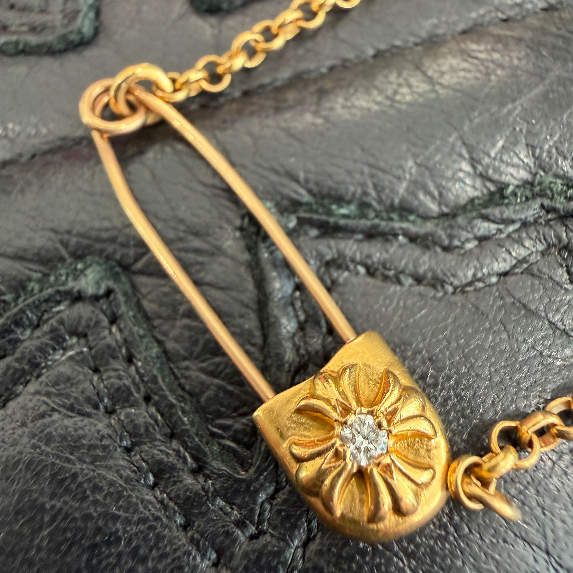 CHROME HEARTS 22K Safety Pin 1 Diamond Roll Chain Necklace Size 18 Inch クロムハーツ 22K セーフティピン 1ダイヤモンド ロールチェーン ネックレス 18インチ