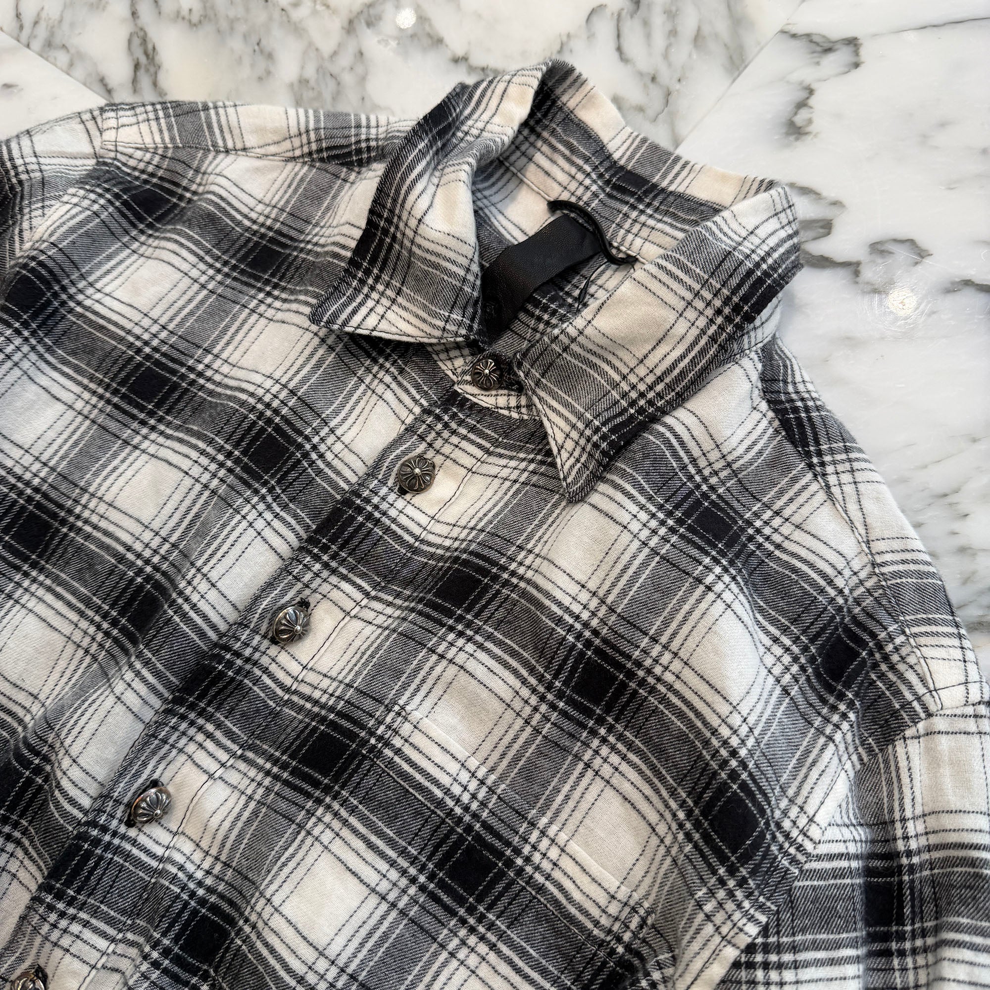 CHROME HEARTS Cross Ball Button CH Plus Leather Cross Patch Check Shirt Size M クロムハーツ クロスボールボタン CH プラス レザークロスパッチ チェックシャツ サイズM