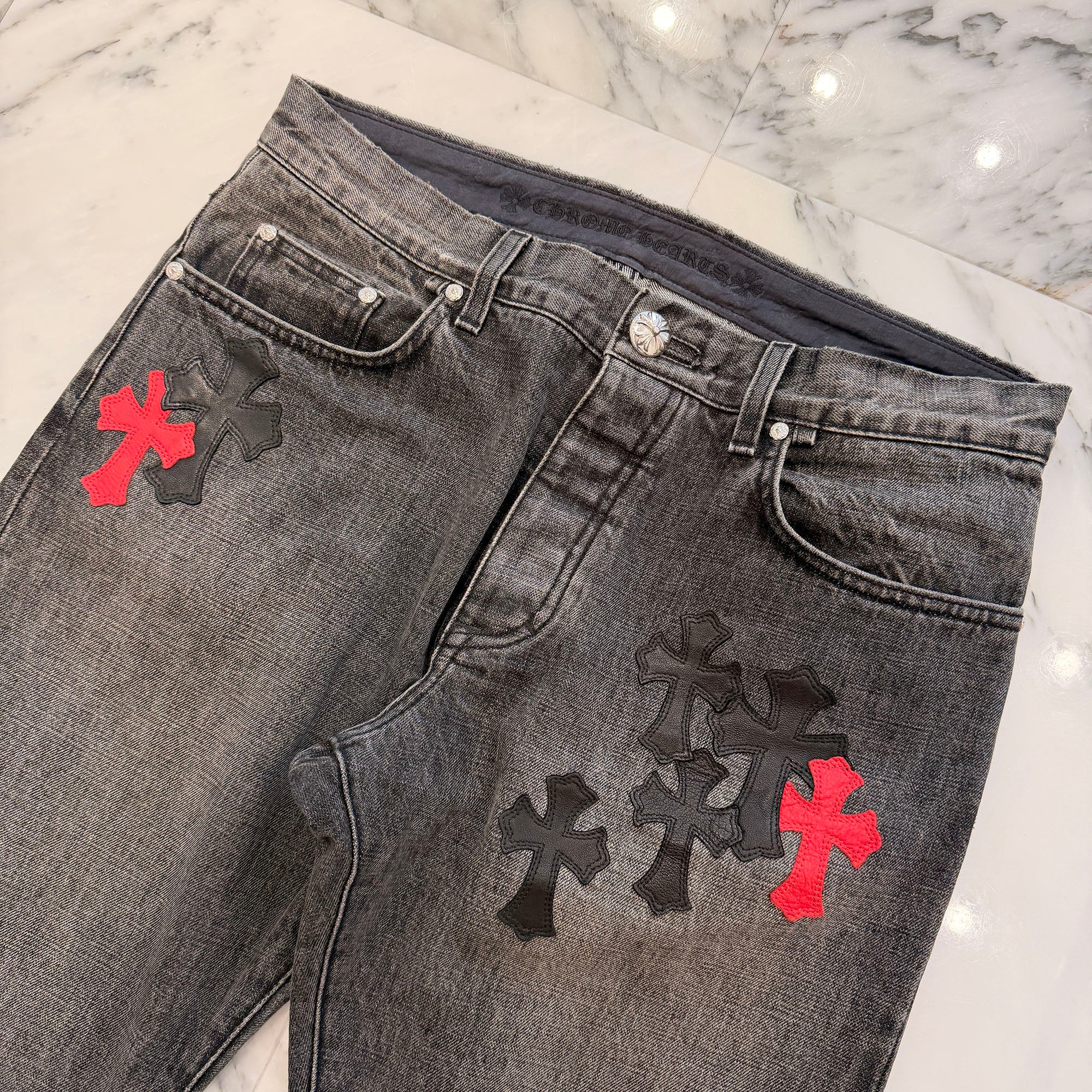 CHROME HEARTS Leather Cross Patch Cross Ball Button Denim Pants Size 34 クロムハーツ レザークロスパッチ クロスボールボタン デニムパンツ サイズ34