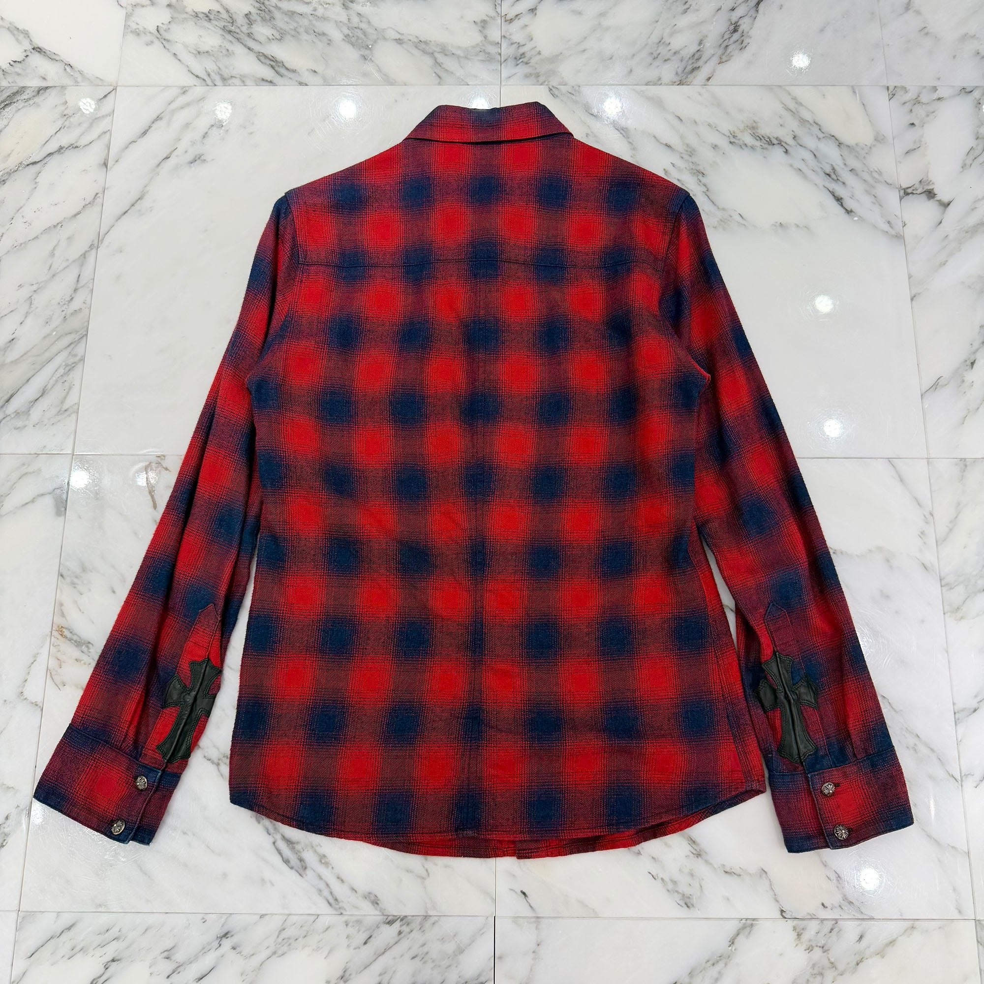 CHROME HEARTS Y NOT Leather Cross Patch Flannel Check Shirt Size M クロムハーツ ワイノット レザークロスパッチ フランネルチェックシャツ サイズM