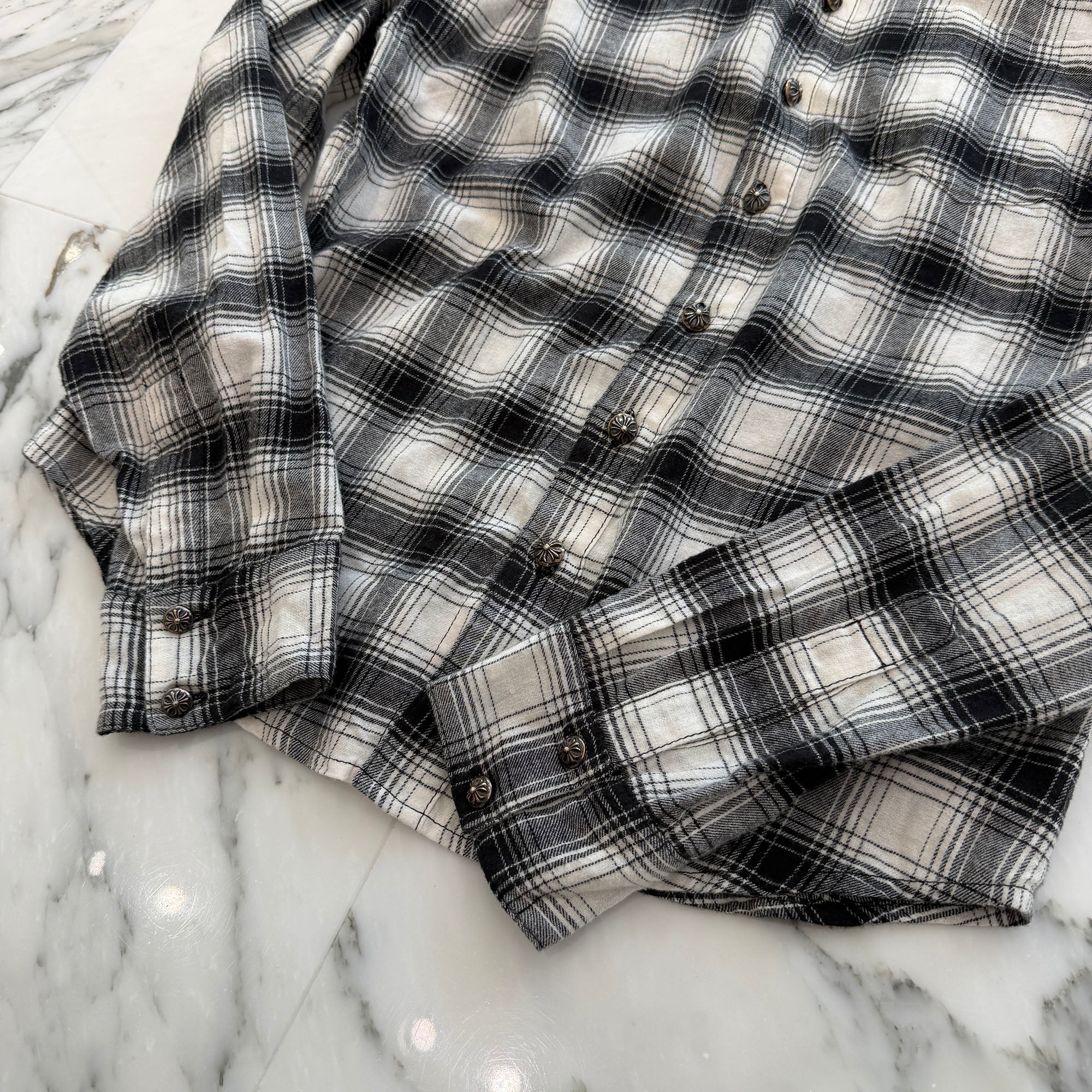 CHROME HEARTS Cross Ball Button CH Plus Leather Cross Patch Check Shirt Size M クロムハーツ クロスボールボタン CH プラス レザークロスパッチ チェックシャツ サイズM