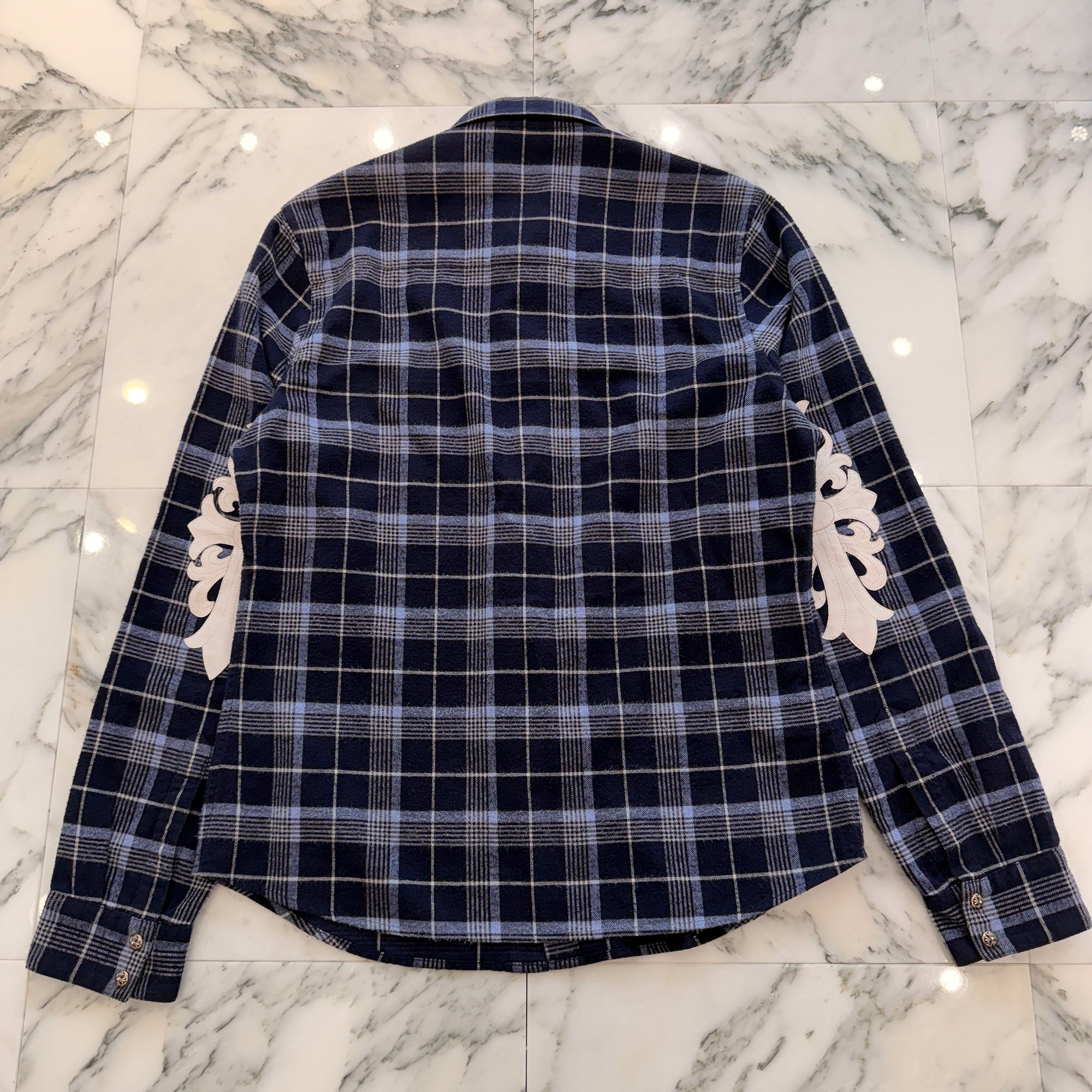 CHROME HEARTS Y NOT Floral Cross Leather Patch Loose Ends Check Shirt Size L クロムハーツ ワイノット フローラルクロスレザーパッチルーズエンド チェックシャツ サイズL