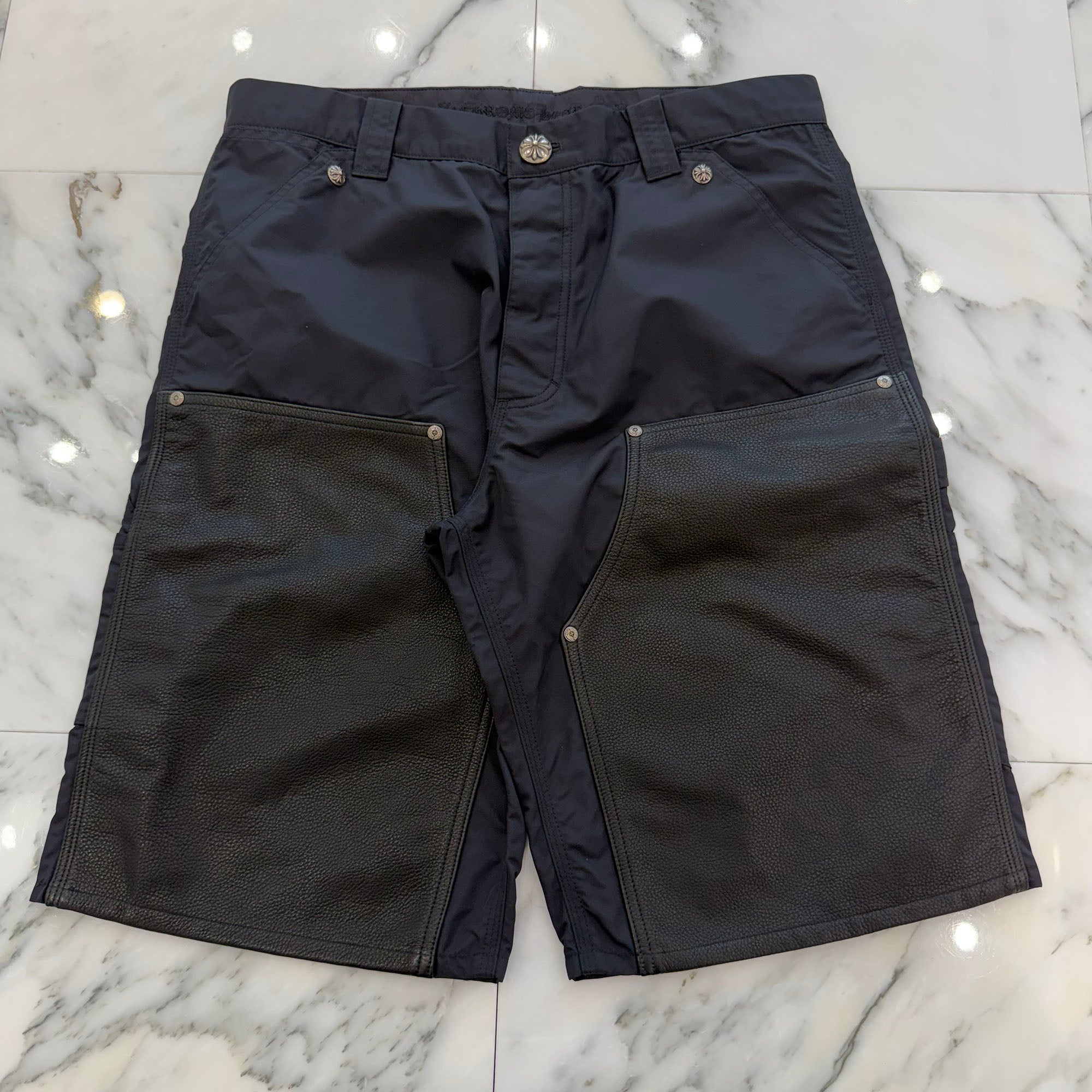 CHROME HEARTS Carpenter Double Knee Leather Cross Patch Nylon Shorts Size 32 クロムハーツ カーペンター ダブルニー レザークロスパッチ ナイロン ショーツ サイズ32