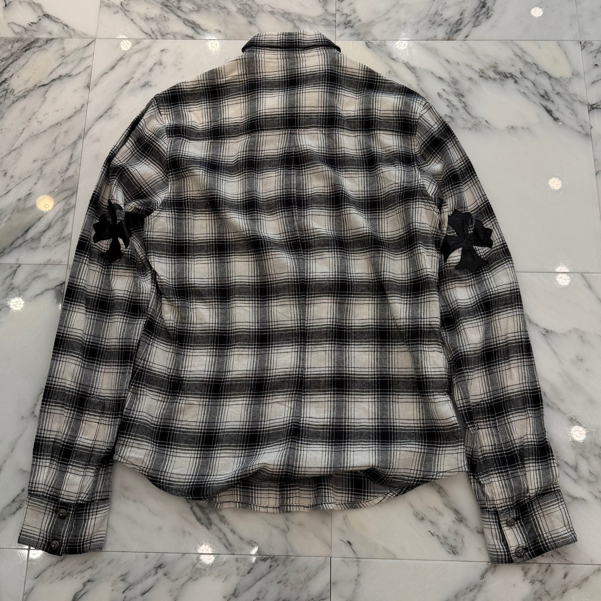 CHROME HEARTS Cross Ball Button CH Plus Leather Cross Patch Check Shirt Size M クロムハーツ クロスボールボタン CH プラス レザークロスパッチ チェックシャツ サイズM