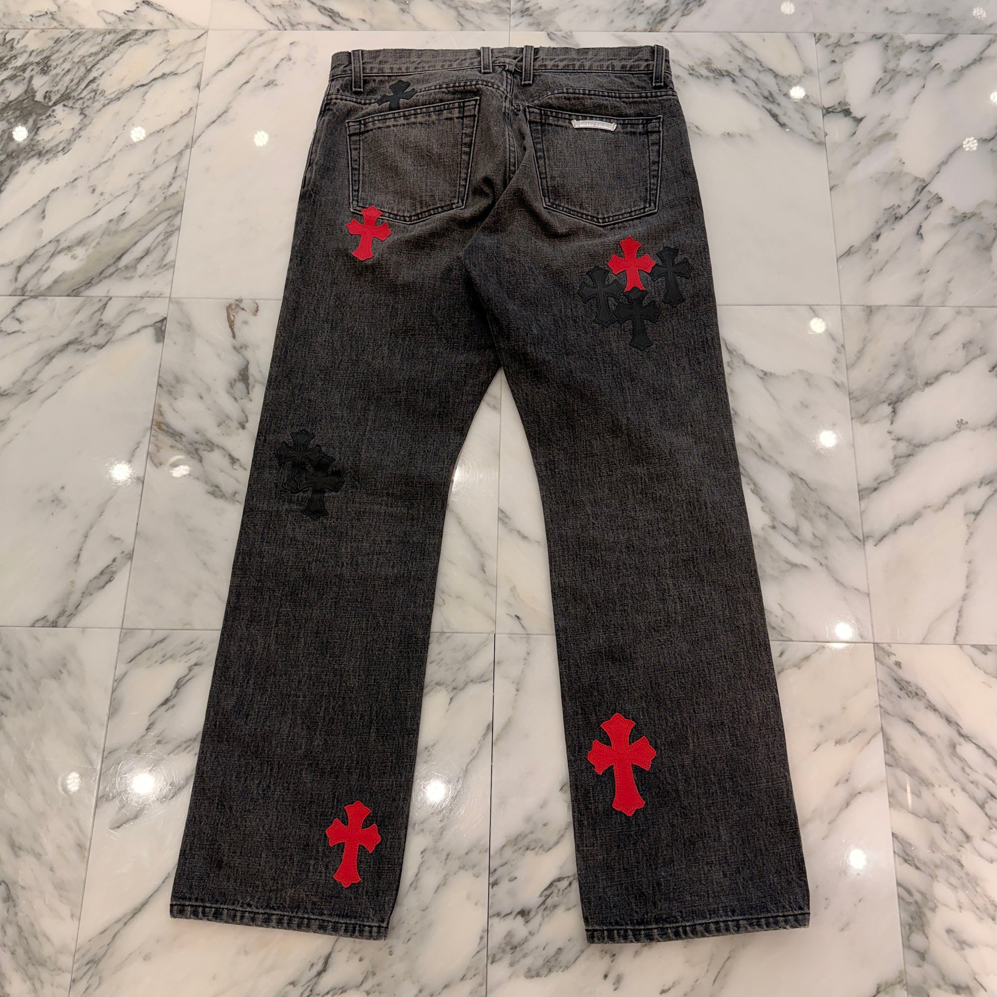 CHROME HEARTS Leather Cross Patch Cross Ball Button Denim Pants Size 34 クロムハーツ レザークロスパッチ クロスボールボタン デニムパンツ サイズ34