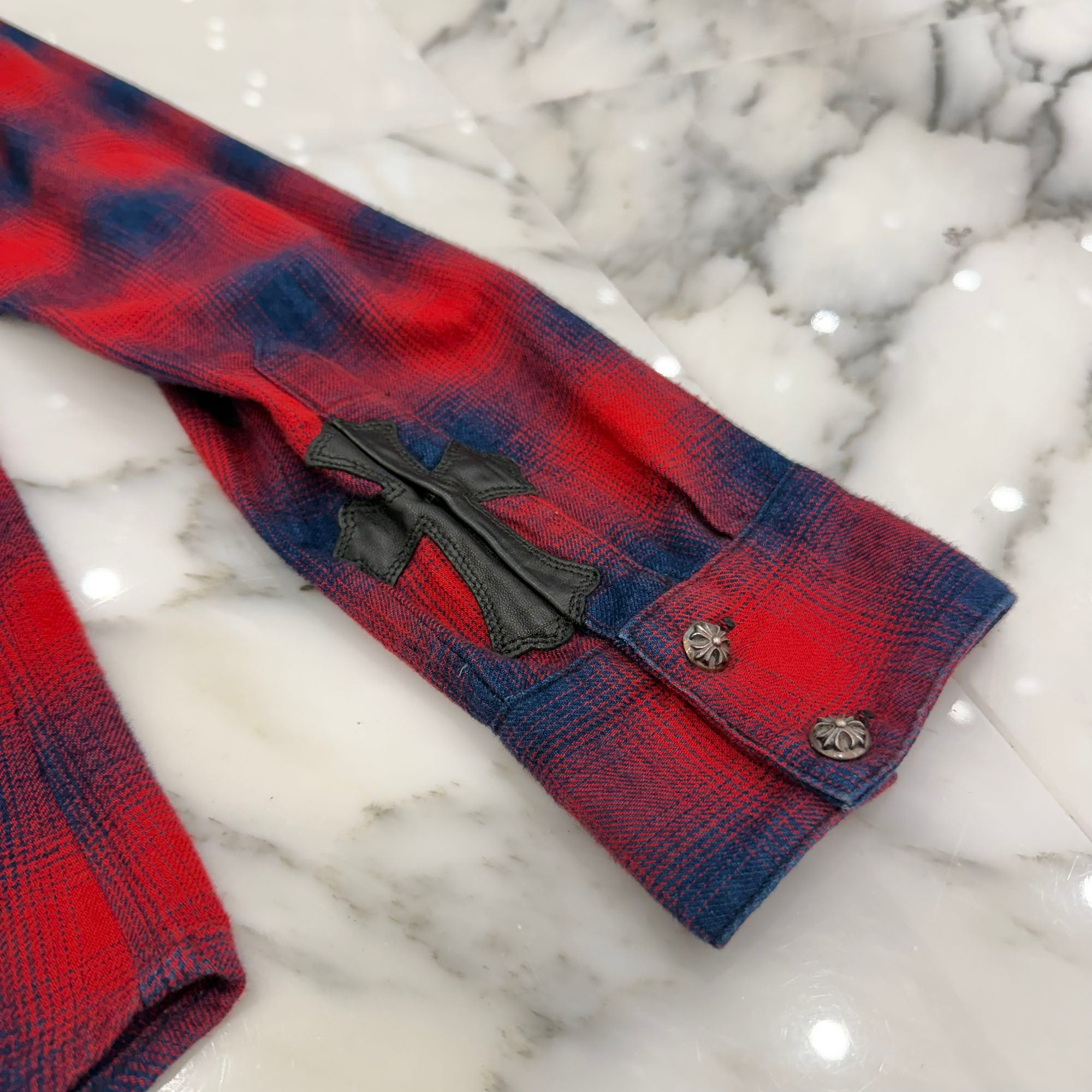 CHROME HEARTS Y NOT Leather Cross Patch Flannel Check Shirt Size M クロムハーツ ワイノット レザークロスパッチ フランネルチェックシャツ サイズM