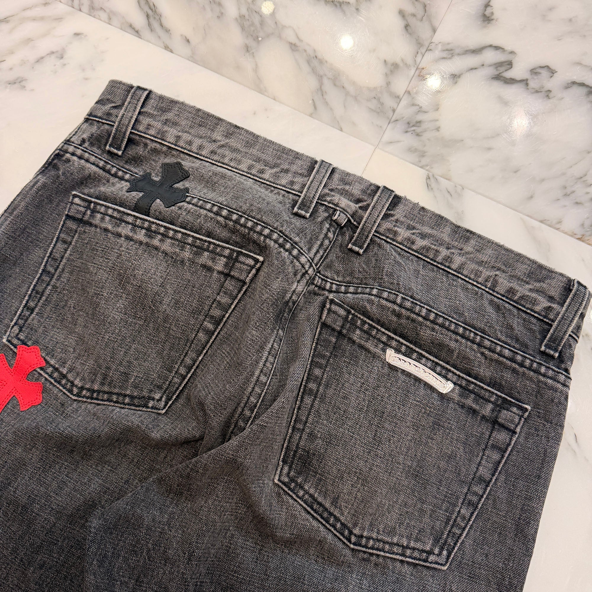 CHROME HEARTS Leather Cross Patch Cross Ball Button Denim Pants Size 34 クロムハーツ レザークロスパッチ クロスボールボタン デニムパンツ サイズ34