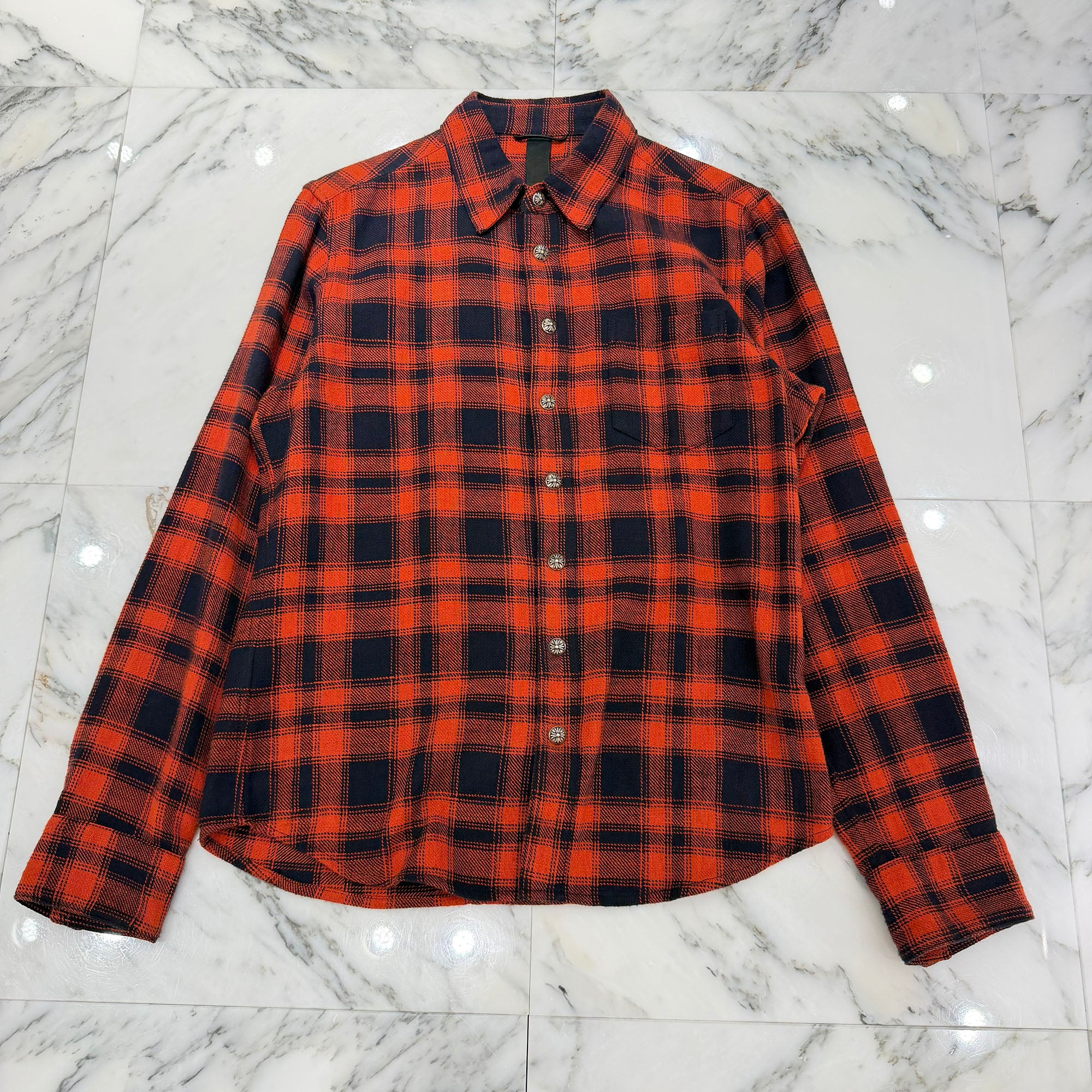 CHROME HEARTS Loose Ends Cross Leather Patch Check Shirt Size S クロムハーツ ルーズエンド レザークロスパッチ チェックシャツ サイズS