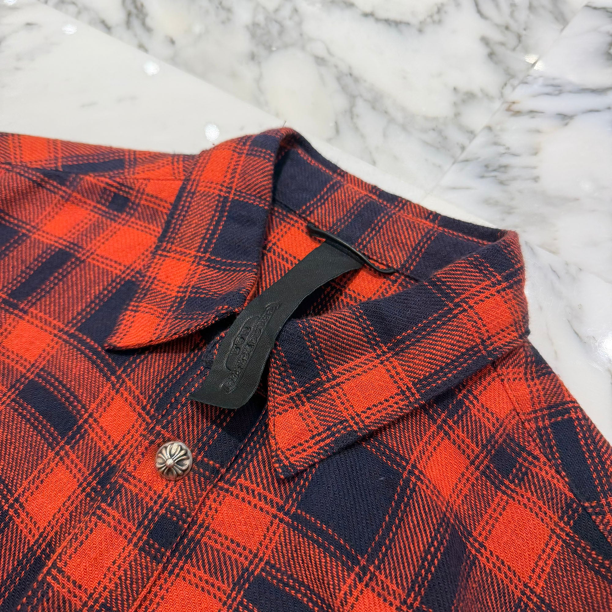 CHROME HEARTS Loose Ends Cross Leather Patch Check Shirt Size S クロムハーツ ルーズエンド レザークロスパッチ チェックシャツ サイズS