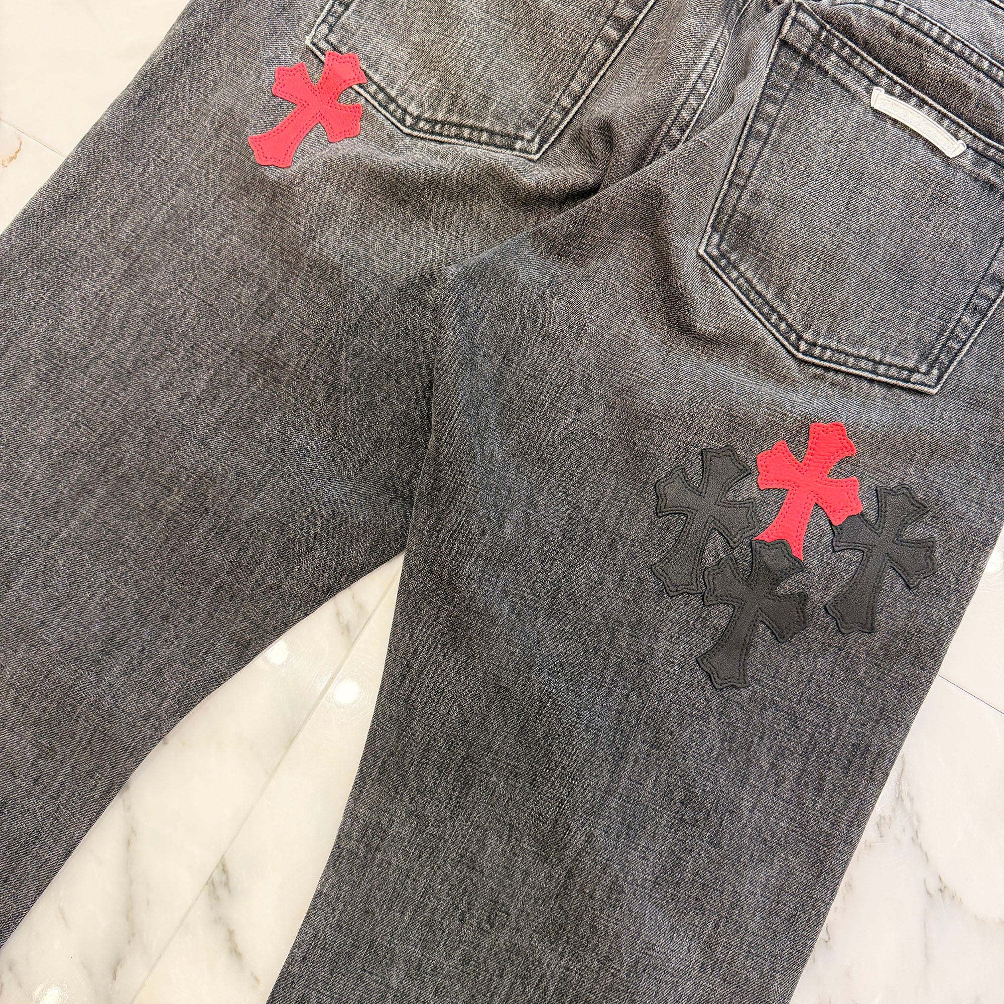 CHROME HEARTS Leather Cross Patch Cross Ball Button Denim Pants Size 34 クロムハーツ レザークロスパッチ クロスボールボタン デニムパンツ サイズ34
