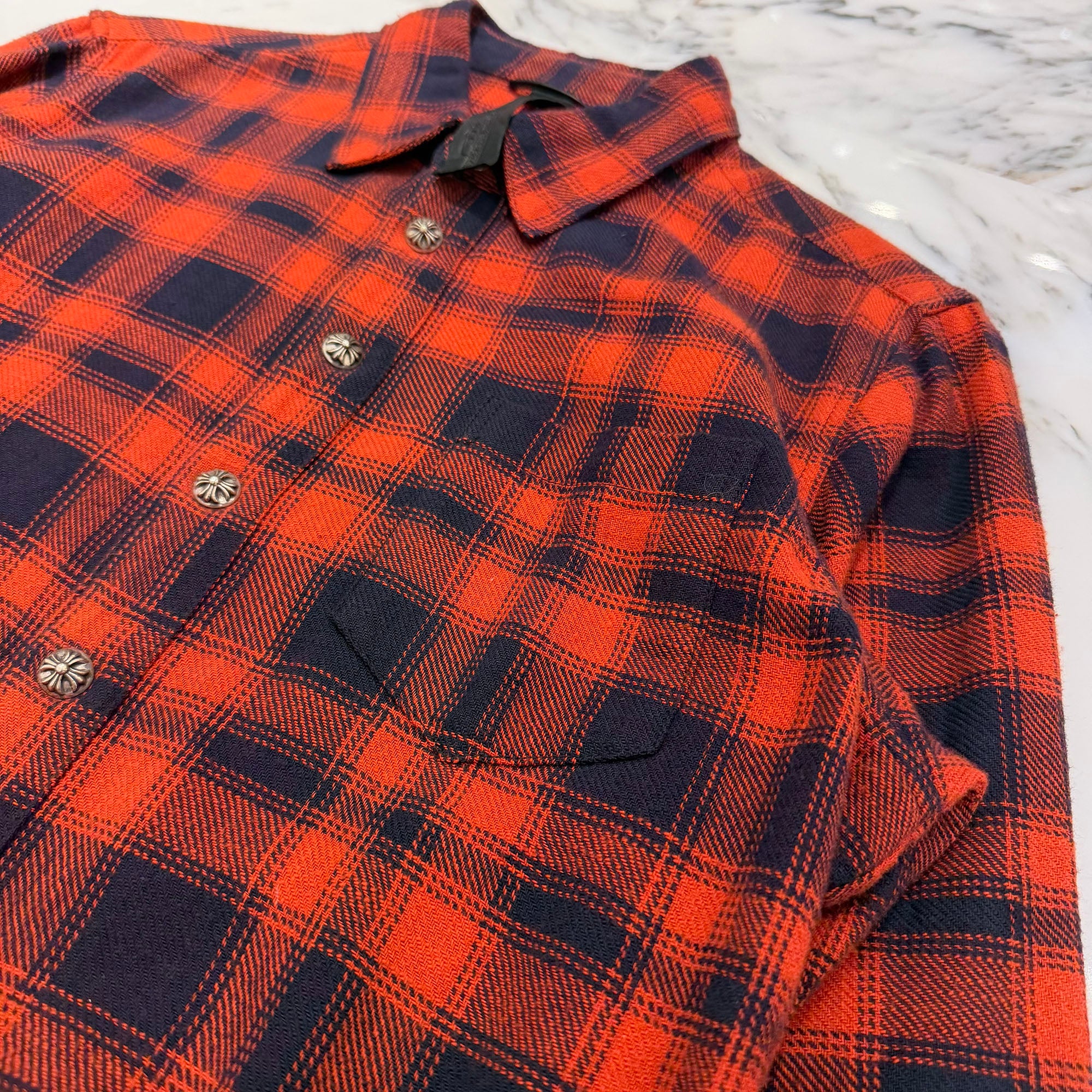 CHROME HEARTS Loose Ends Cross Leather Patch Check Shirt Size S クロムハーツ ルーズエンド レザークロスパッチ チェックシャツ サイズS