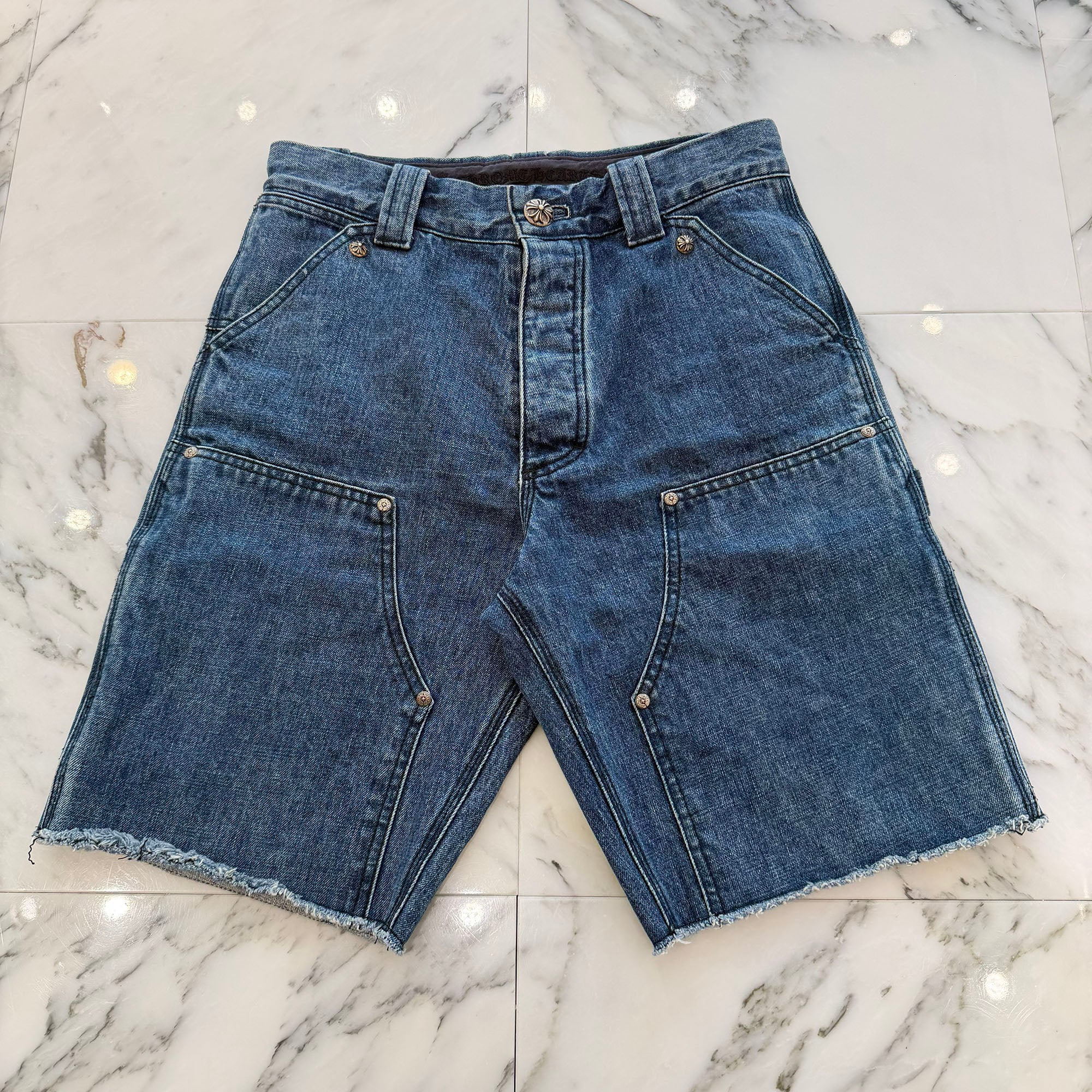 CHROME HEARTS Carpenter Cross Ball Button Denim Shorts Size 29