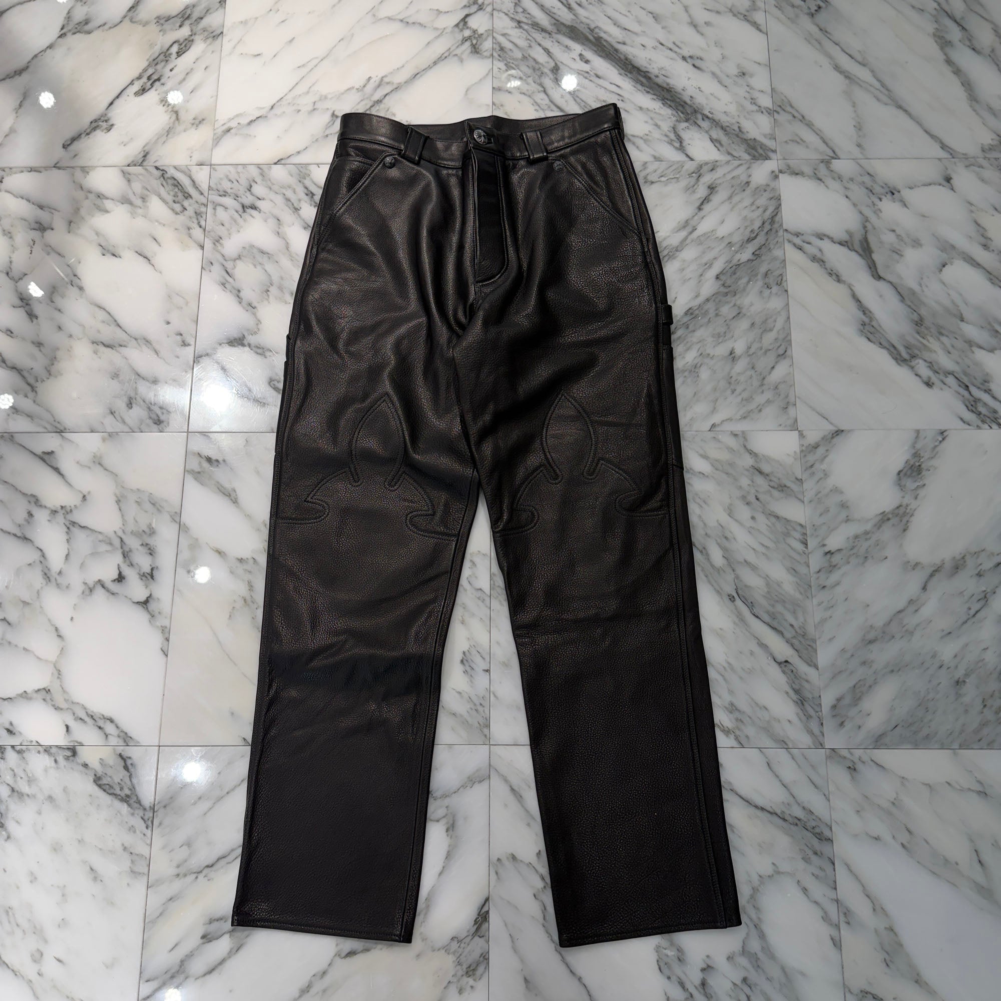 CHROME HEARTS Flare Knee Cross Ball Button Leather Pants Size 32 クロムハーツ フレアニー クロスボールボタン レザーパンツ サイズ32