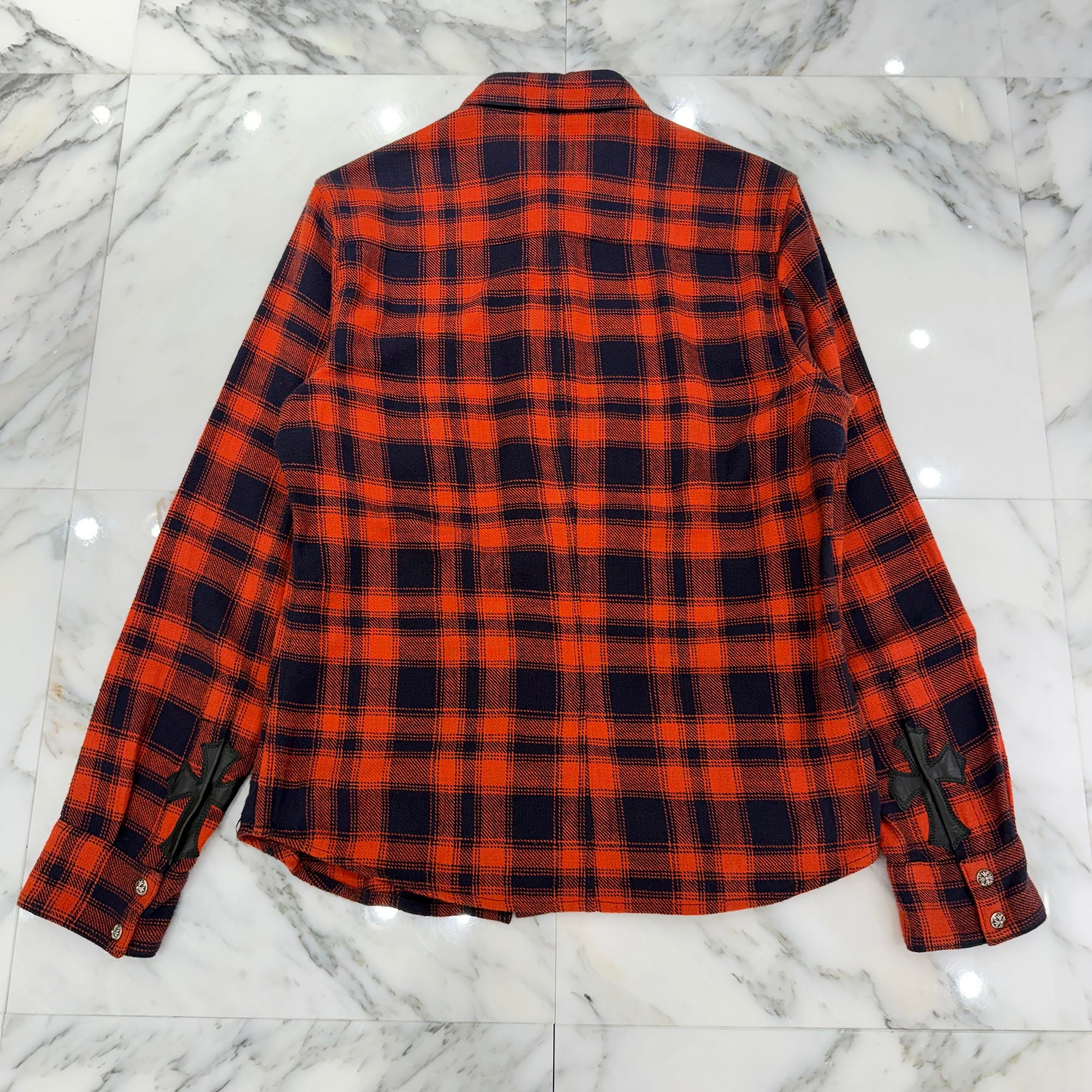 CHROME HEARTS Loose Ends Cross Leather Patch Check Shirt Size S クロムハーツ ルーズエンド レザークロスパッチ チェックシャツ サイズS