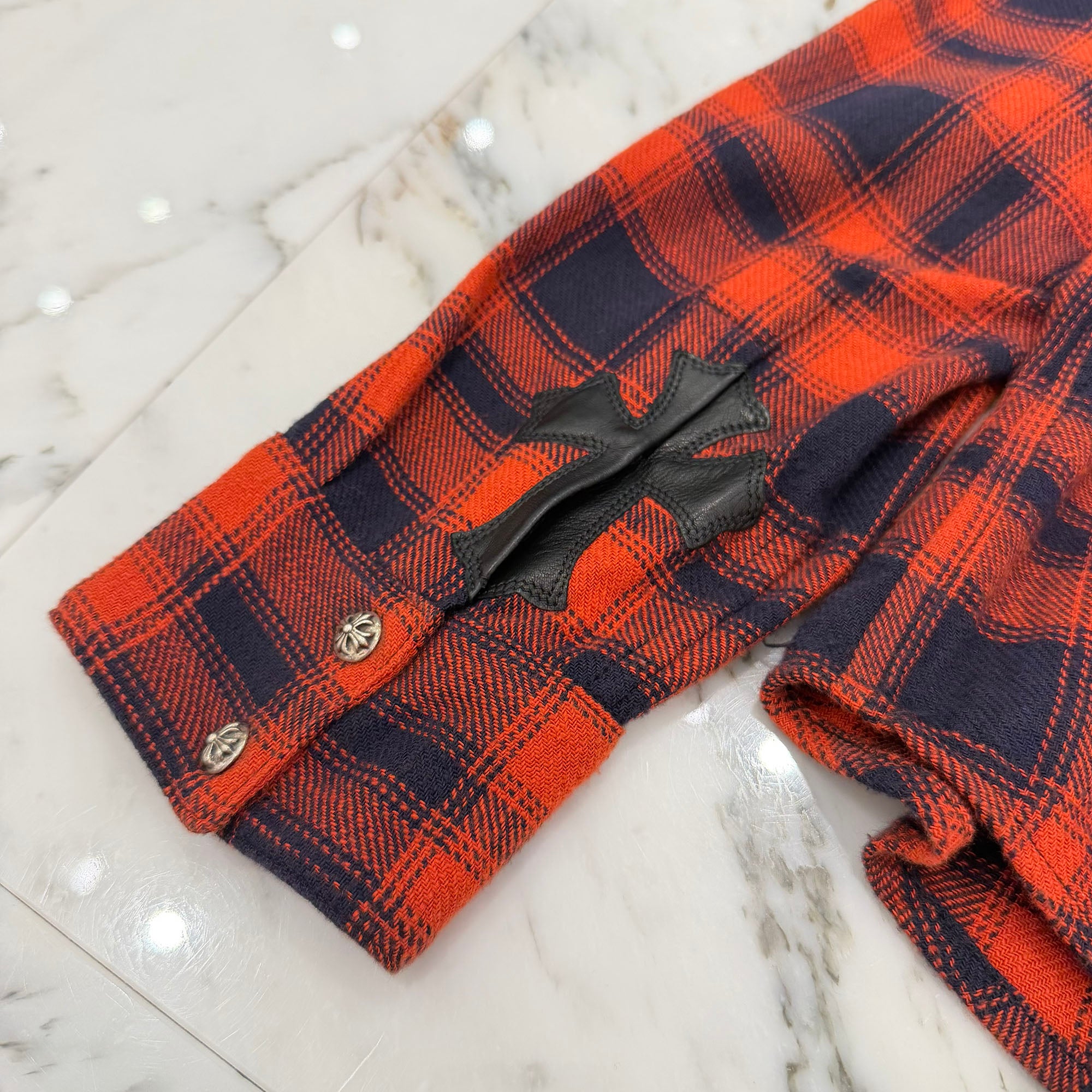 CHROME HEARTS Loose Ends Cross Leather Patch Check Shirt Size S クロムハーツ ルーズエンド レザークロスパッチ チェックシャツ サイズS