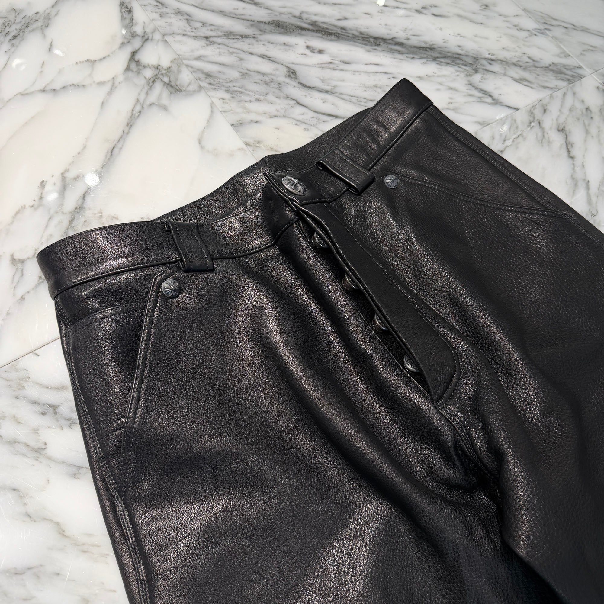 CHROME HEARTS Flare Knee Cross Ball Button Leather Pants Size 32 クロムハーツ フレアニー クロスボールボタン レザーパンツ サイズ32