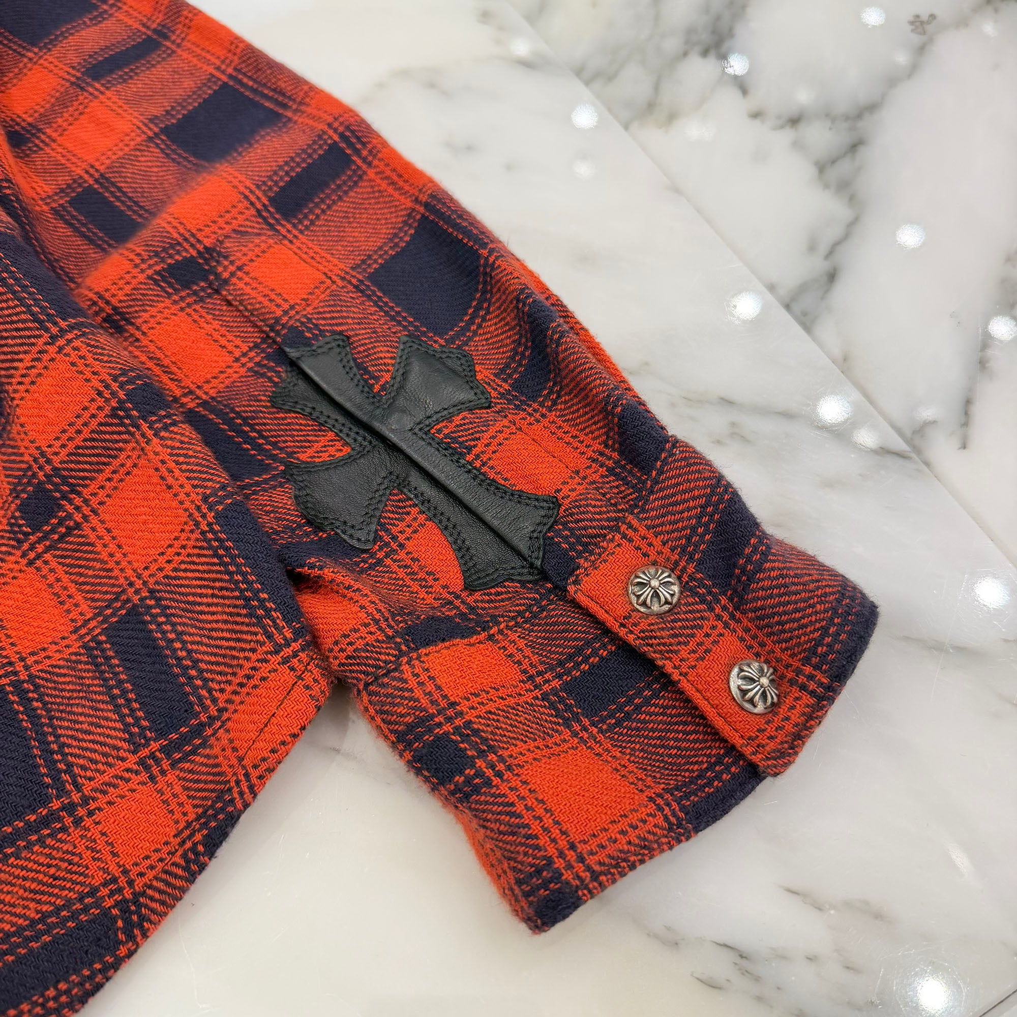 CHROME HEARTS Loose Ends Cross Leather Patch Check Shirt Size S クロムハーツ ルーズエンド レザークロスパッチ チェックシャツ サイズS