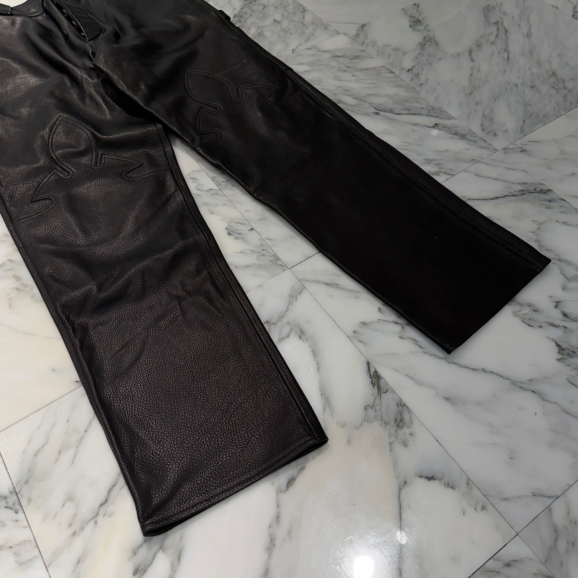 CHROME HEARTS Flare Knee Cross Ball Button Leather Pants Size 32 クロムハーツ フレアニー クロスボールボタン レザーパンツ サイズ32